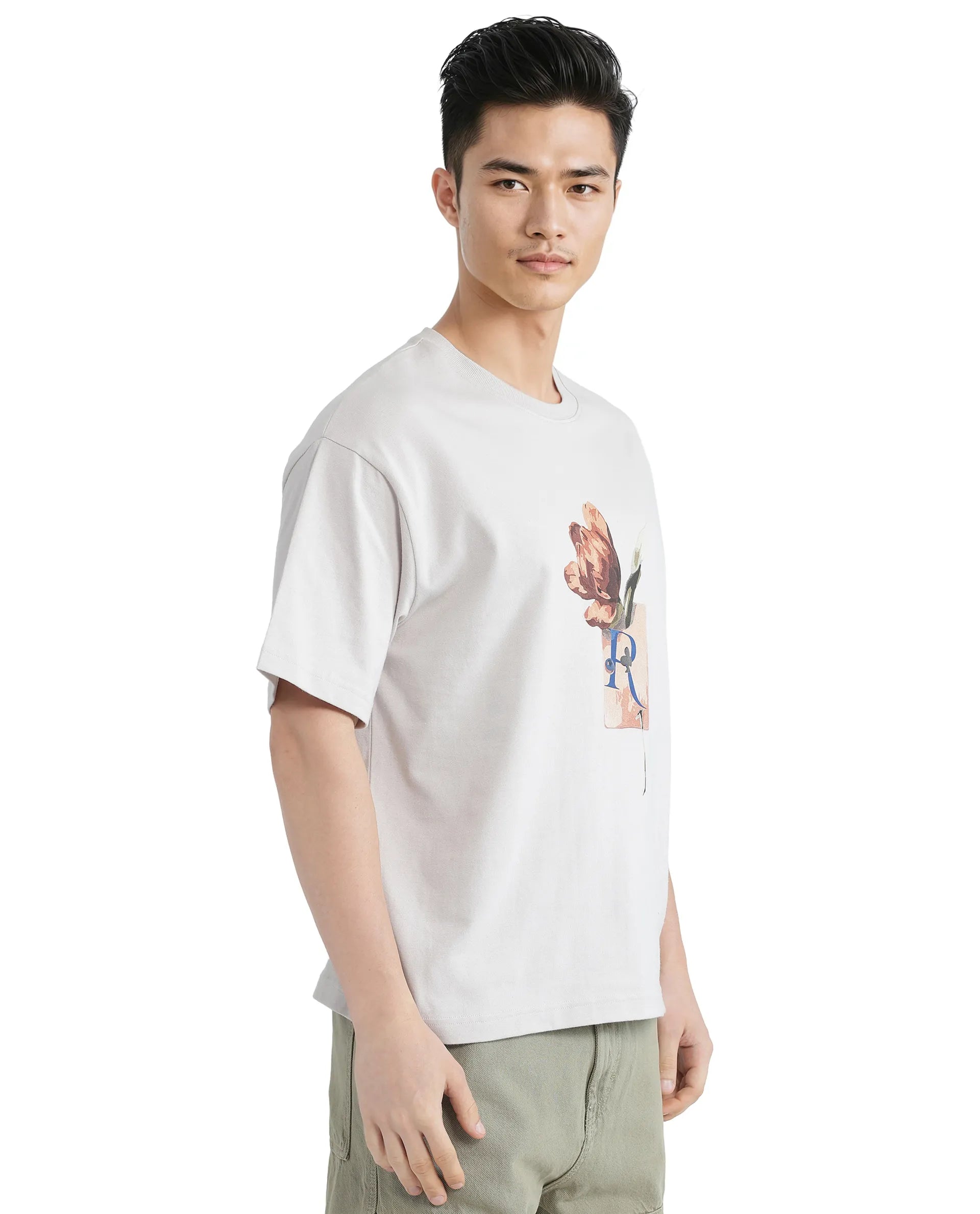 Rare Rabbit Men Faun Light Grey Cotton Fabric Short Sleeve Crew Neck Oversized Fit Graphic Print T-Shirt