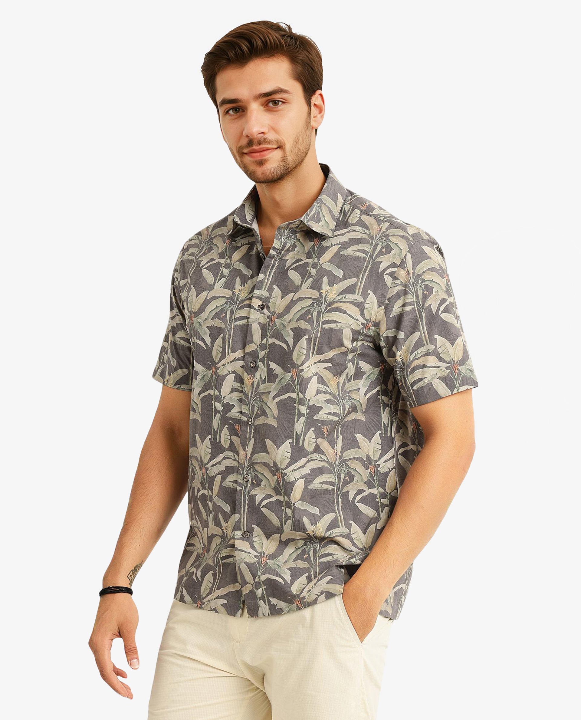 Rare Rabbit Men Faus Light Brown Polyester Viscose Fabric Short Sleeves Boxy Fit Tropical Print Shirt