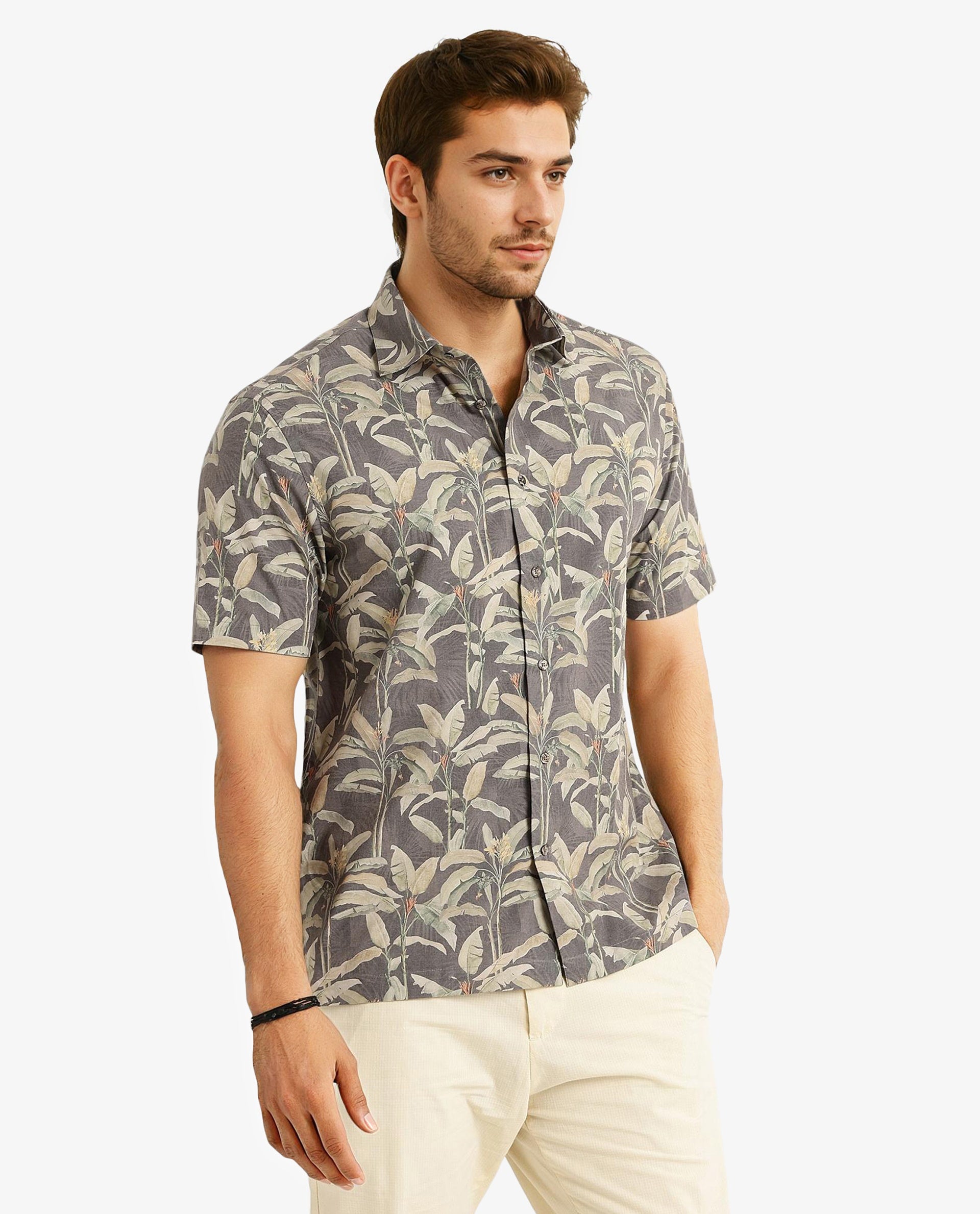 Rare Rabbit Men Faus Light Brown Polyester Viscose Fabric Short Sleeves Boxy Fit Tropical Print Shirt