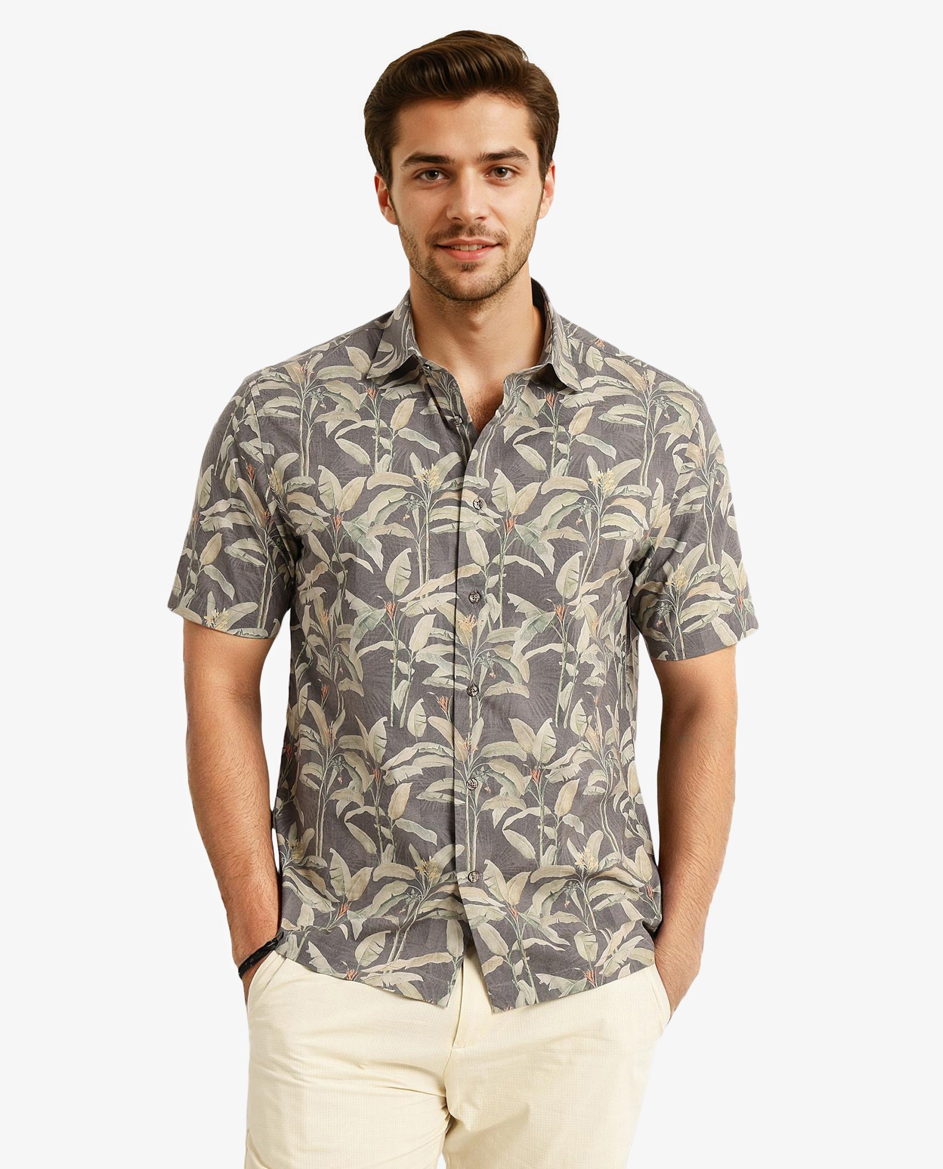 Rare Rabbit Men Faus Light Brown Polyester Viscose Fabric Short Sleeves Boxy Fit Tropical Print Shirt