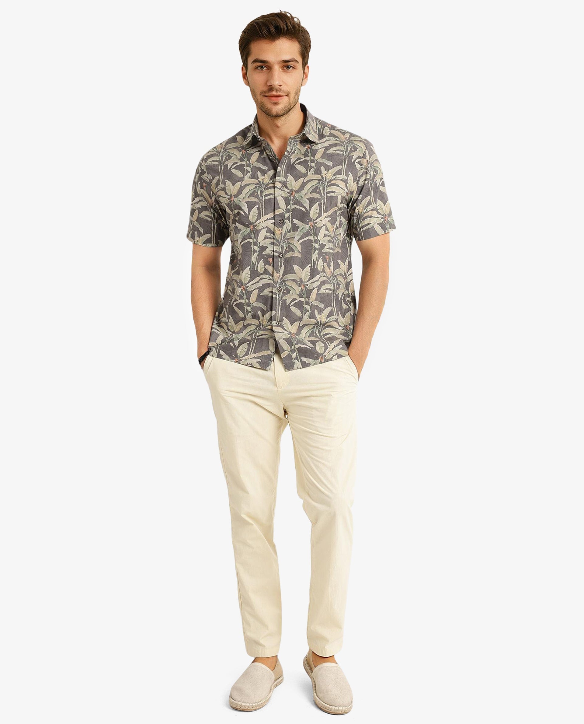 Rare Rabbit Men Faus Light Brown Polyester Viscose Fabric Short Sleeves Boxy Fit Tropical Print Shirt