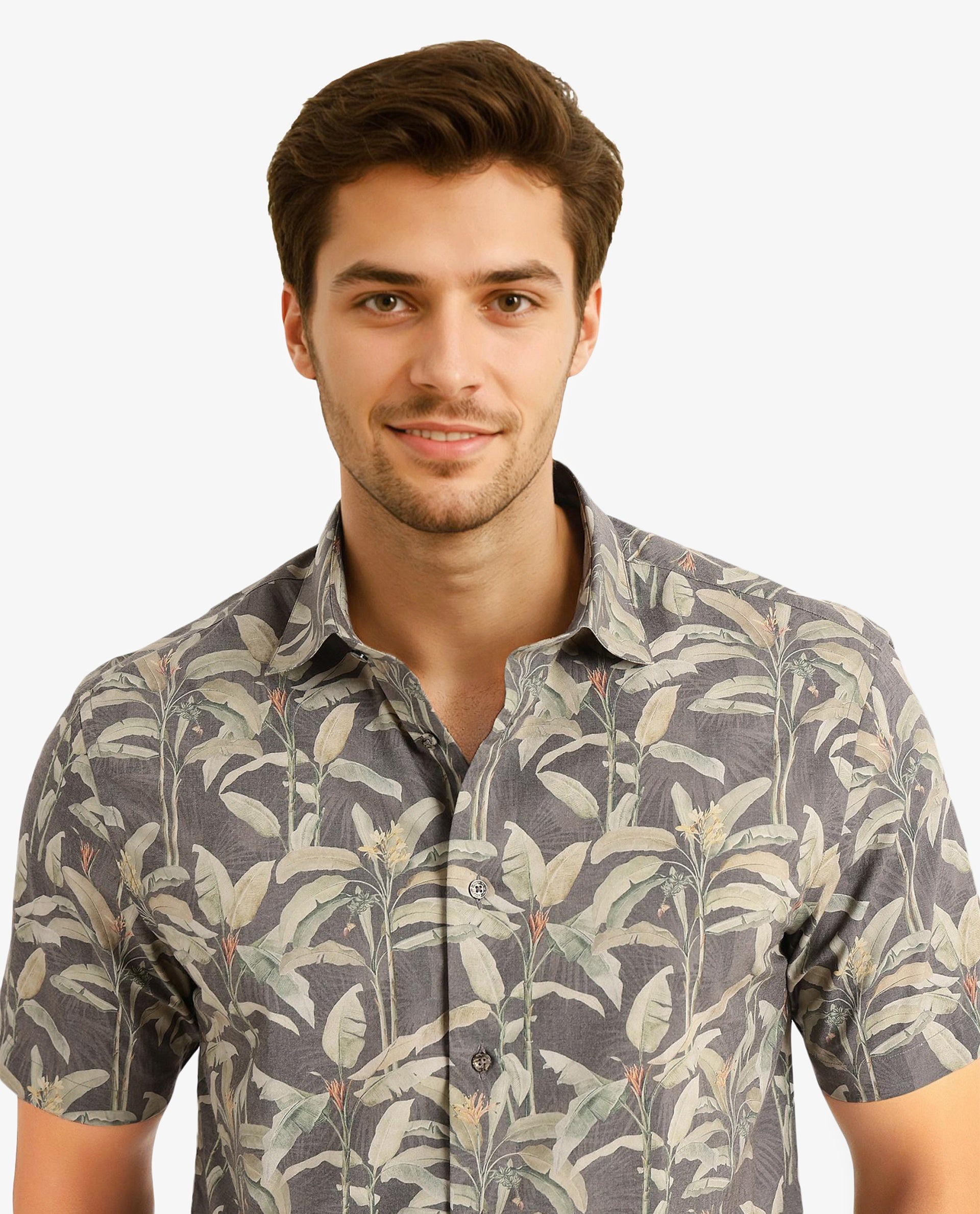 Rare Rabbit Men Faus Light Brown Polyester Viscose Fabric Short Sleeves Boxy Fit Tropical Print Shirt