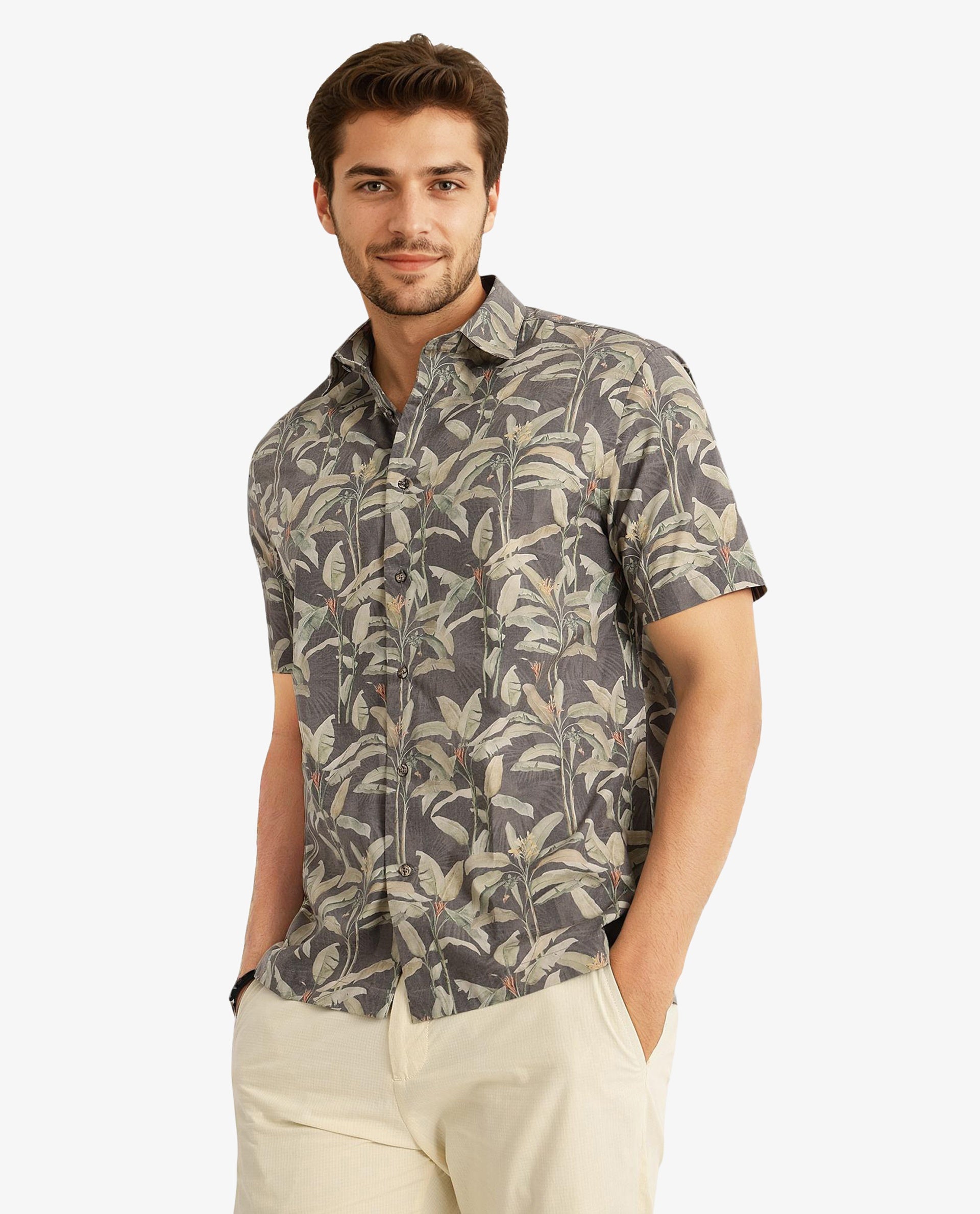 Rare Rabbit Men Faus Light Brown Polyester Viscose Fabric Short Sleeves Boxy Fit Tropical Print Shirt