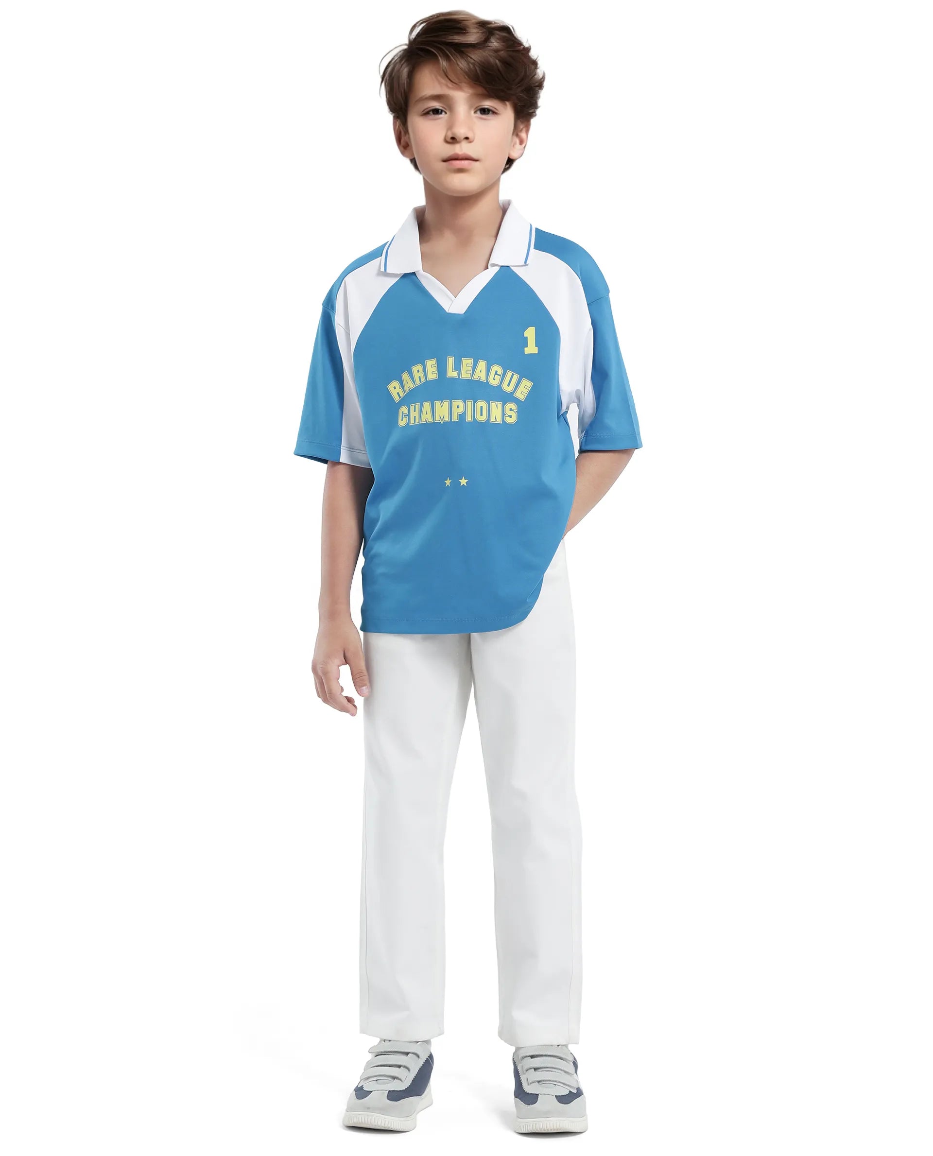 Rare Ones Kids Faze Blue Cotton Blend Half Sleeve Button Graphic Printed Boxy Fit Polo