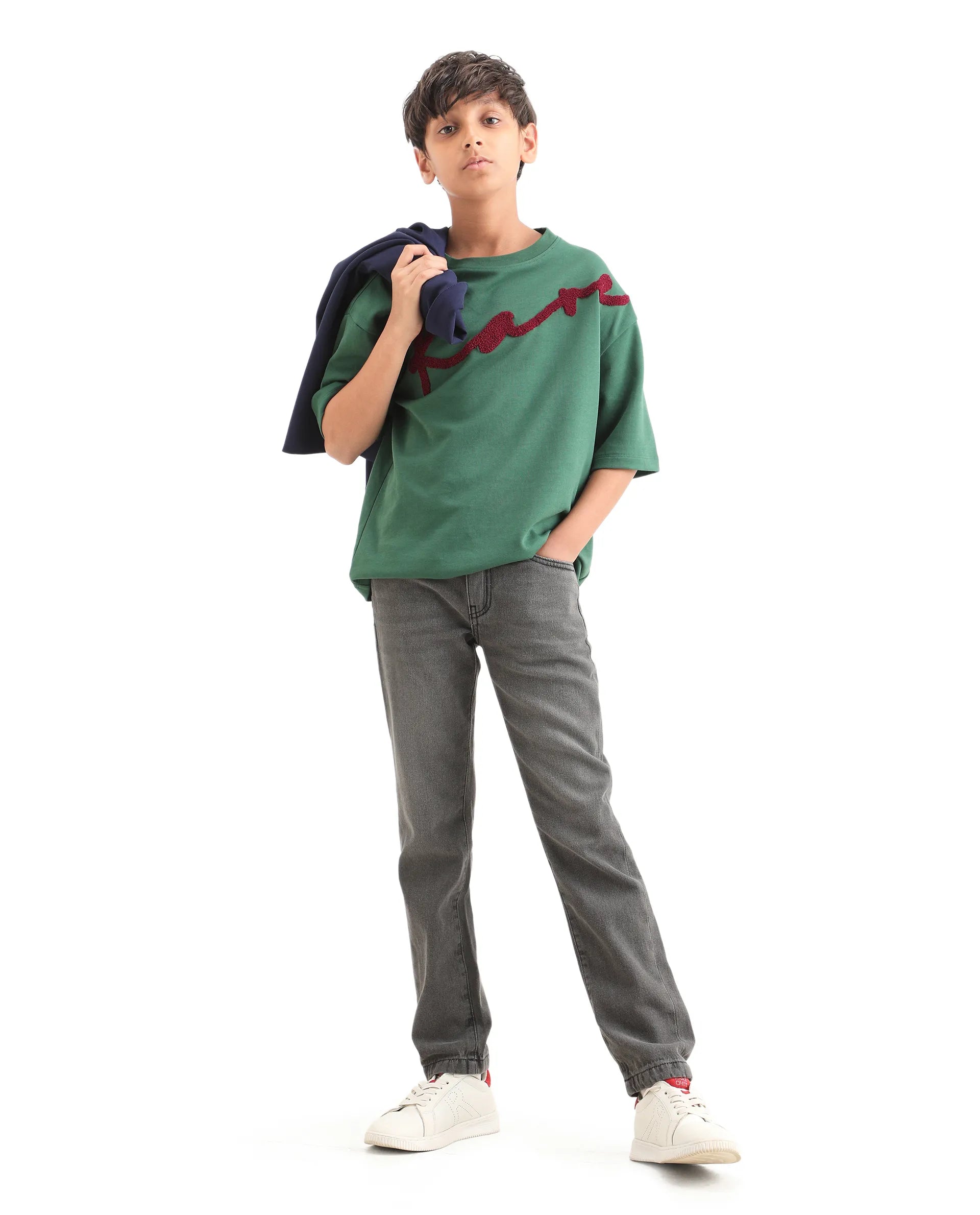 Rare Ones Kids Fazz Grey Cotton Button And Zipper Closure Plain Slim Fit Jeans