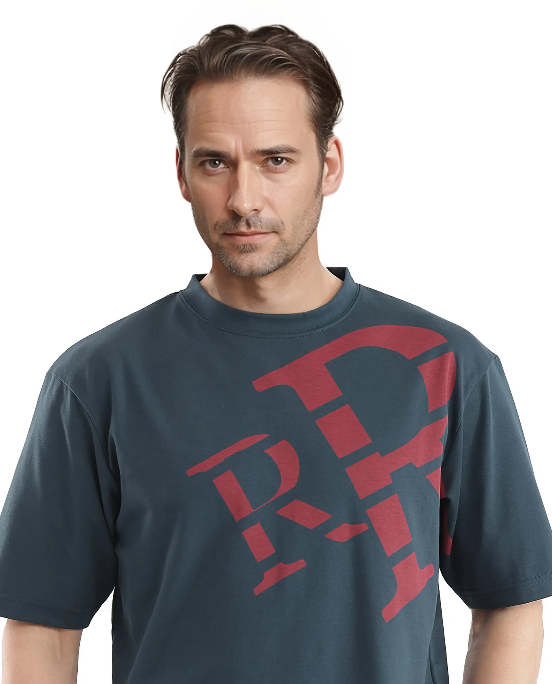 Rare Rabbit Men Feat Teal Cotton Polyester Fabric Short Sleeve Crew Neck Qlo Fit Placement Print T-Shirt