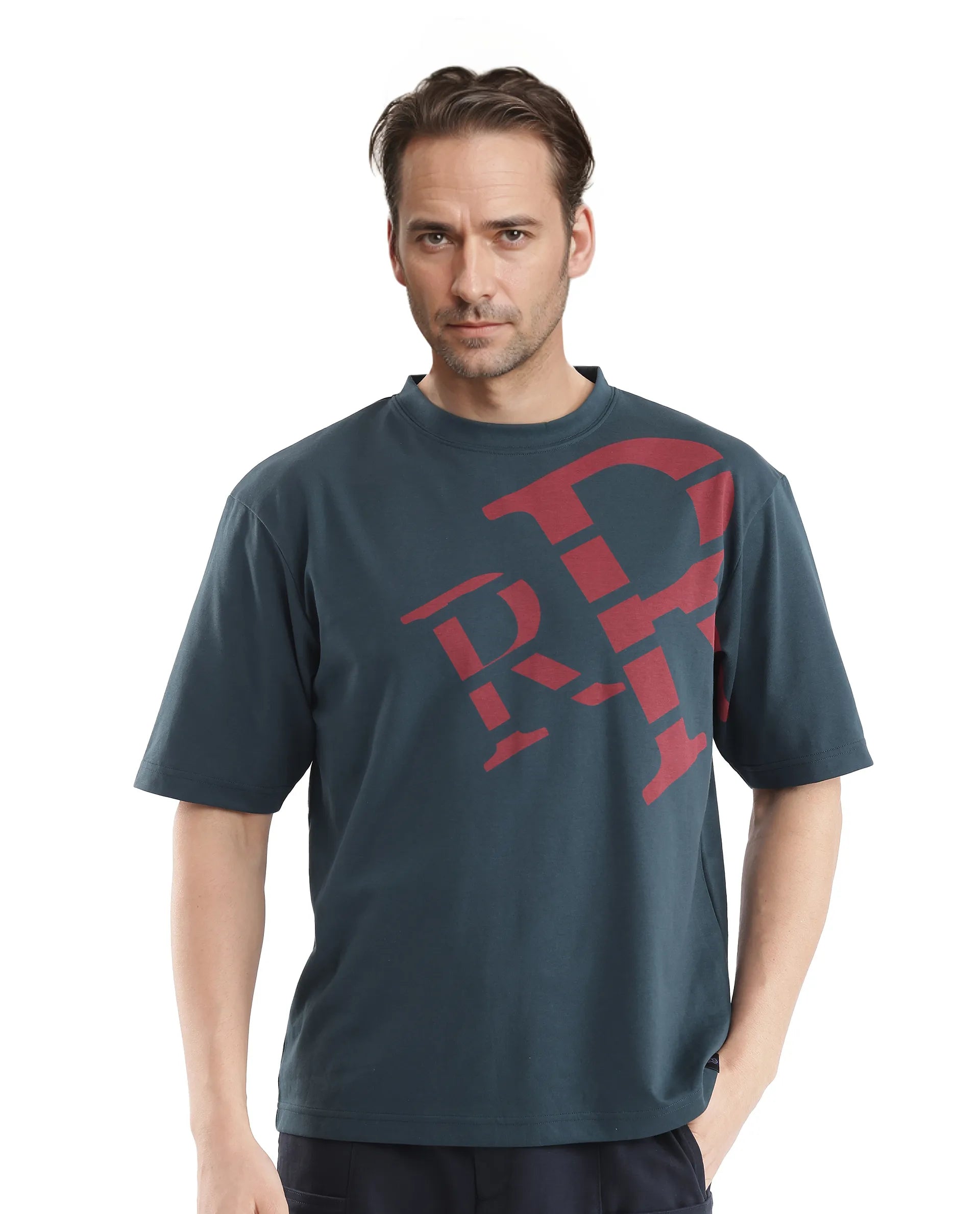 Rare Rabbit Men Feat Teal Cotton Polyester Fabric Short Sleeve Crew Neck Qlo Fit Placement Print T-Shirt