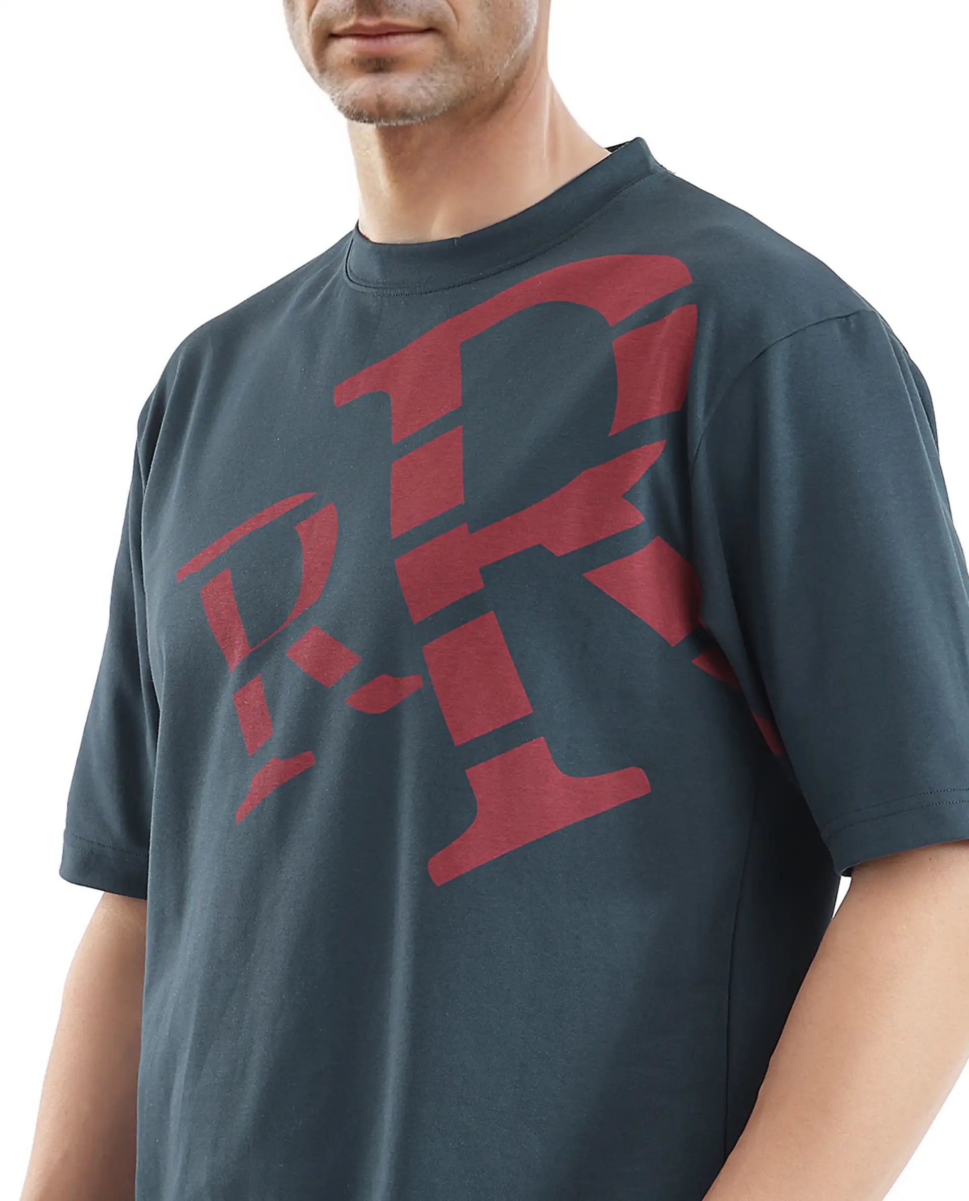 Rare Rabbit Men Feat Teal Cotton Polyester Fabric Short Sleeve Crew Neck Qlo Fit Placement Print T-Shirt