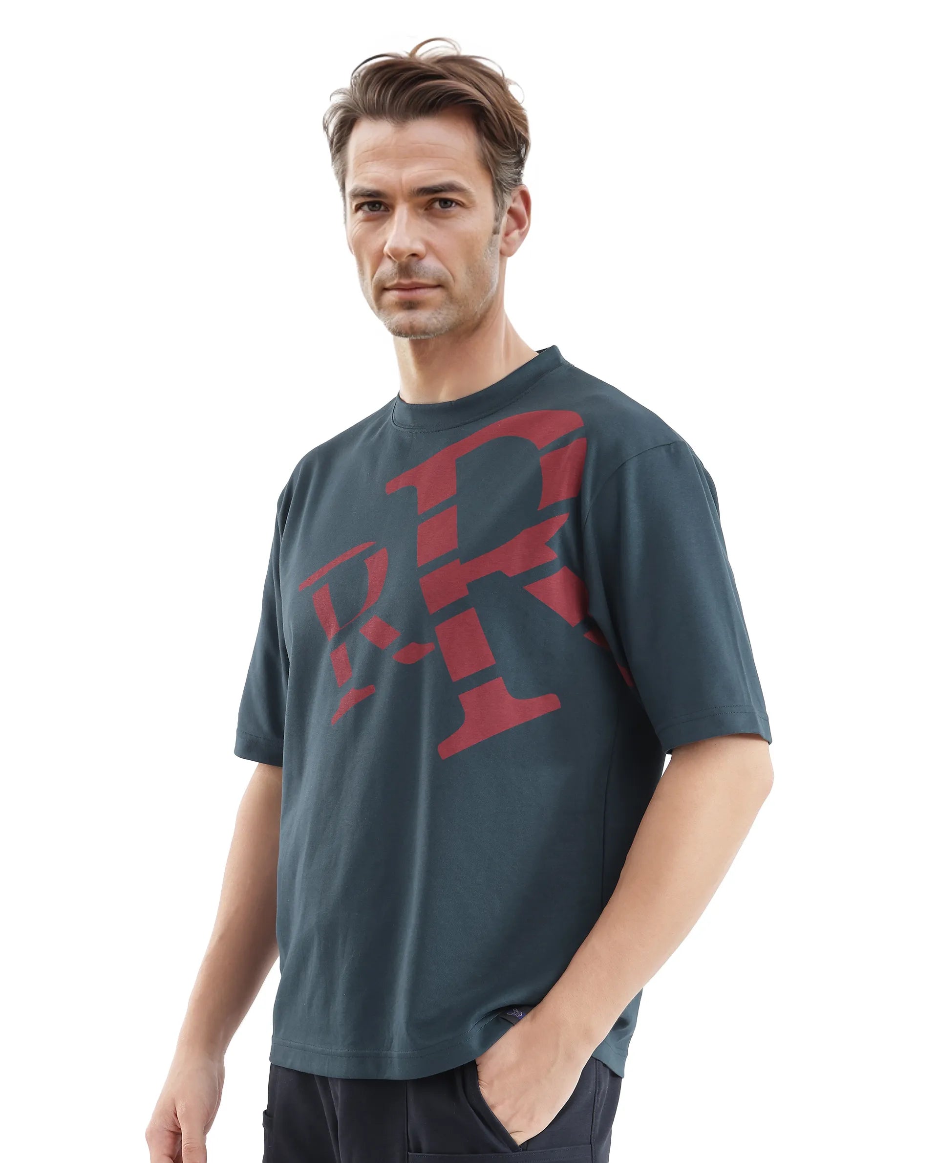 Rare Rabbit Men Feat Teal Cotton Polyester Fabric Short Sleeve Crew Neck Qlo Fit Placement Print T-Shirt