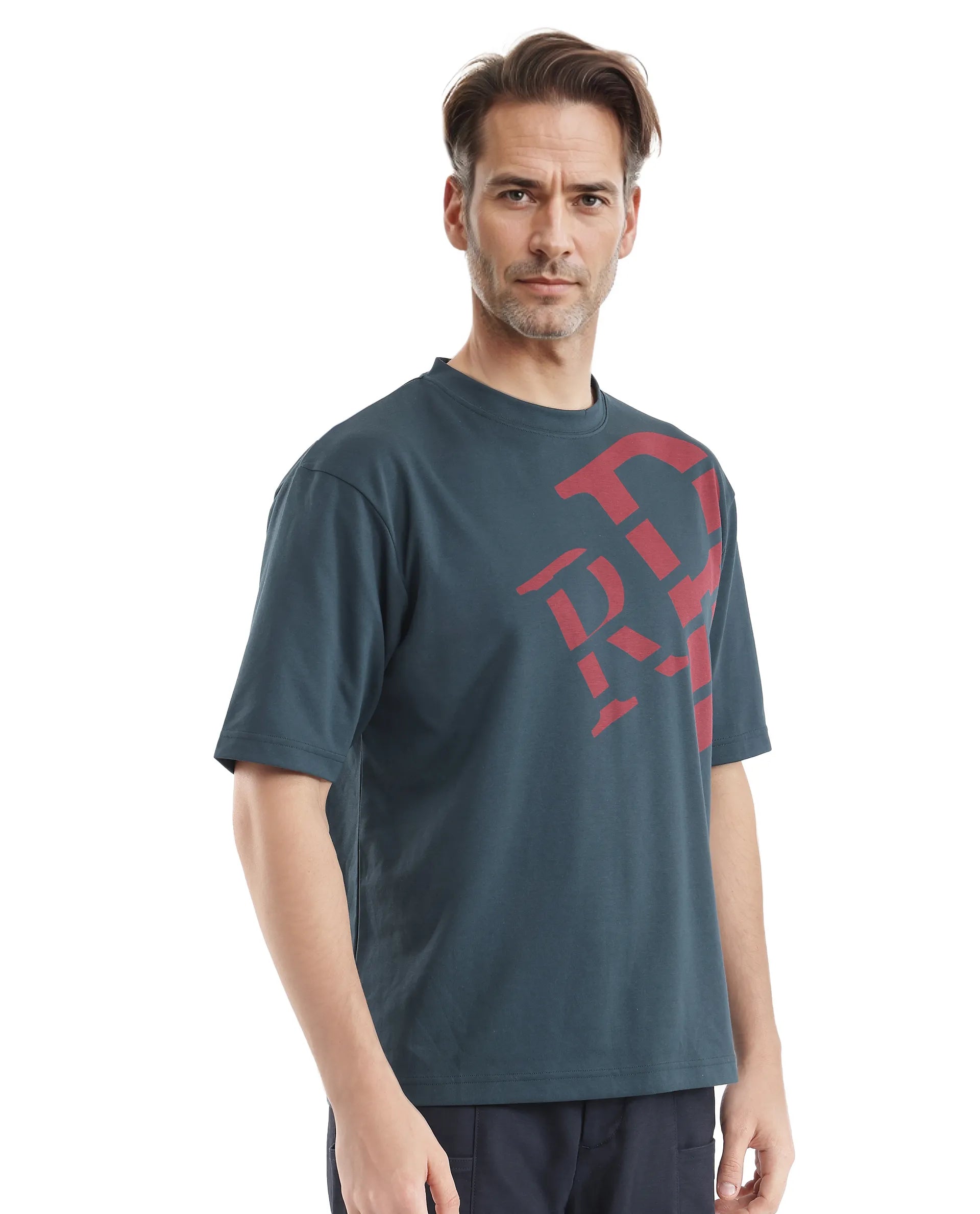 Rare Rabbit Men Feat Teal Cotton Polyester Fabric Short Sleeve Crew Neck Qlo Fit Placement Print T-Shirt