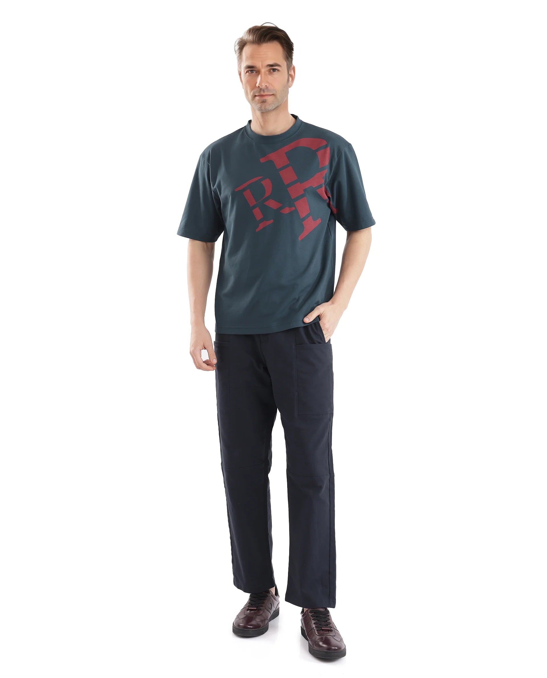 Rare Rabbit Men Feat Teal Cotton Polyester Fabric Short Sleeve Crew Neck Qlo Fit Placement Print T-Shirt