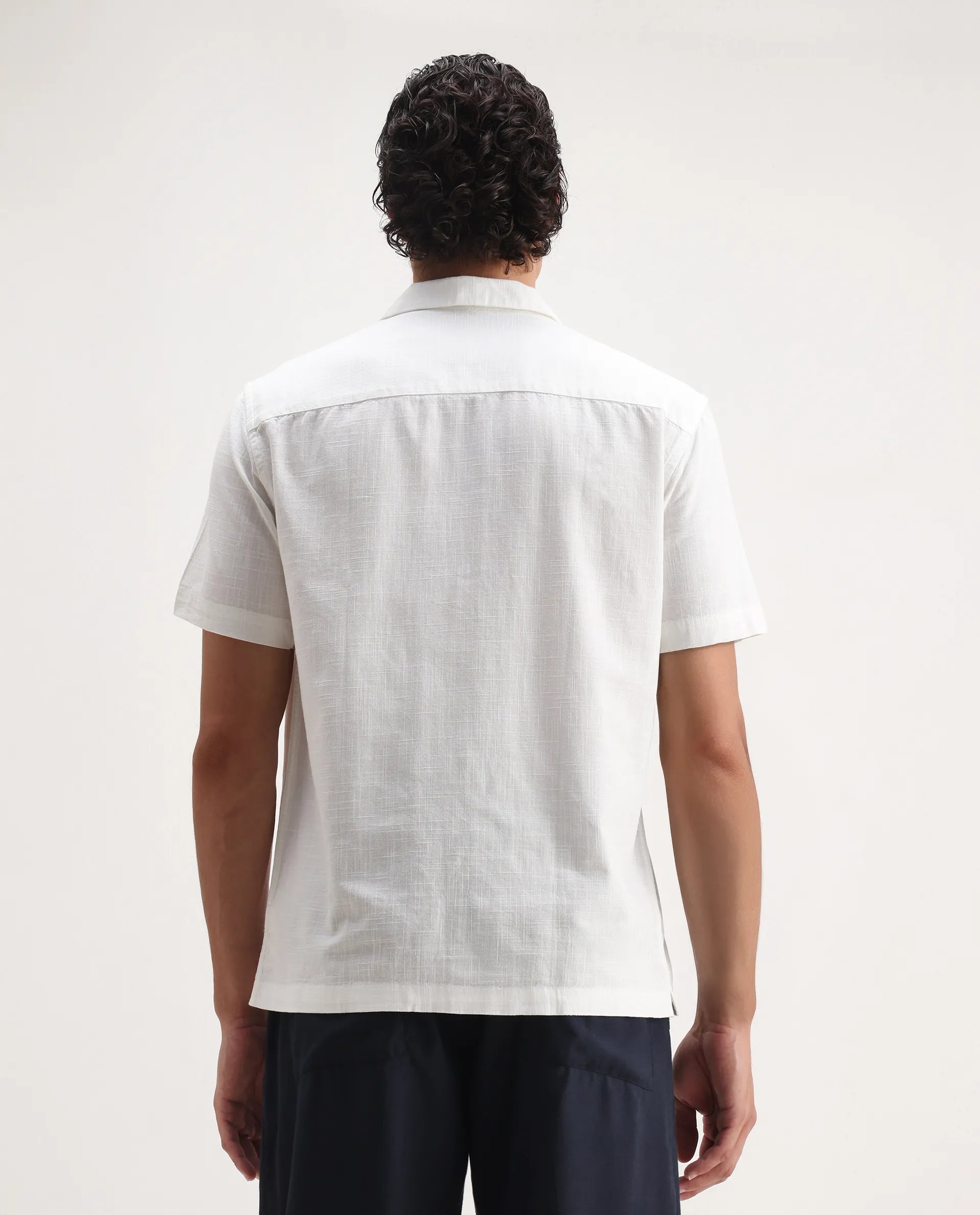 Rare Rabbit Men's Fedger White Viscose Embroidered Boxy Fit Half Sleeve Cuban Collar Shirt