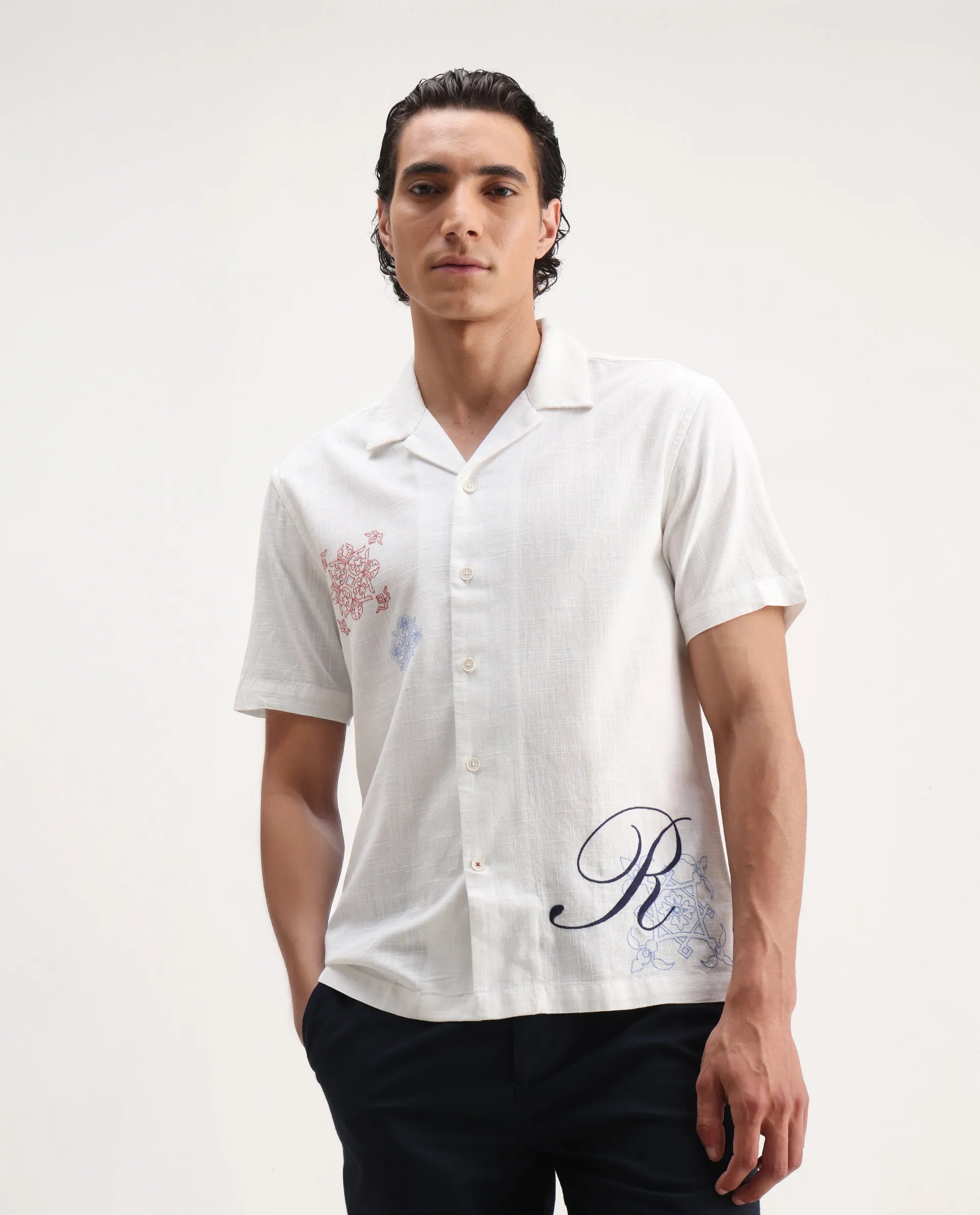 Rare Rabbit Men's Fedger White Viscose Embroidered Boxy Fit Half Sleeve Cuban Collar Shirt