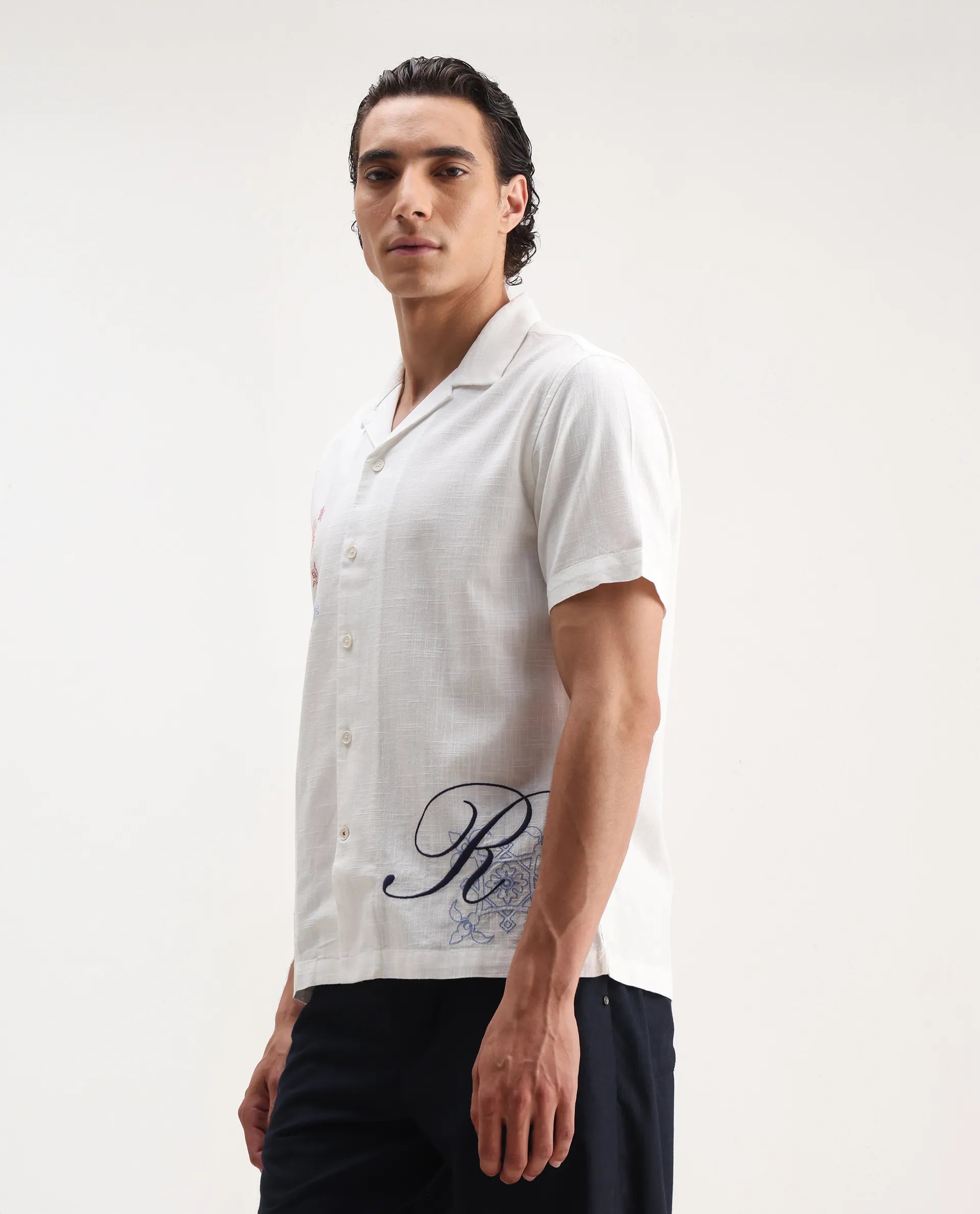 Rare Rabbit Men's Fedger White Viscose Embroidered Boxy Fit Half Sleeve Cuban Collar Shirt
