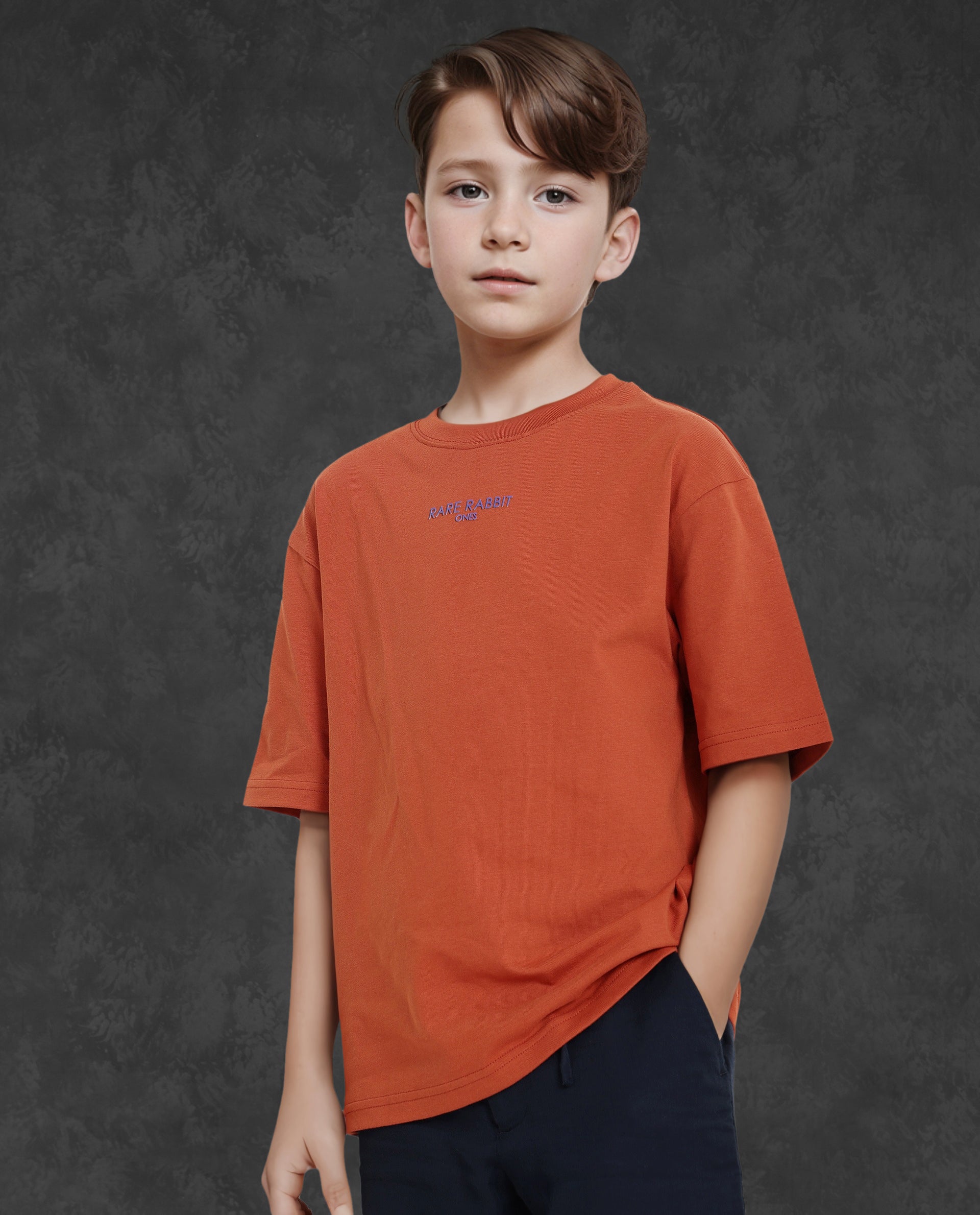 Rare Ones Kids Feg Rust Cotton Half Sleeves Oversized Crew Neck Graphic Back Print with Applique T-Shirt