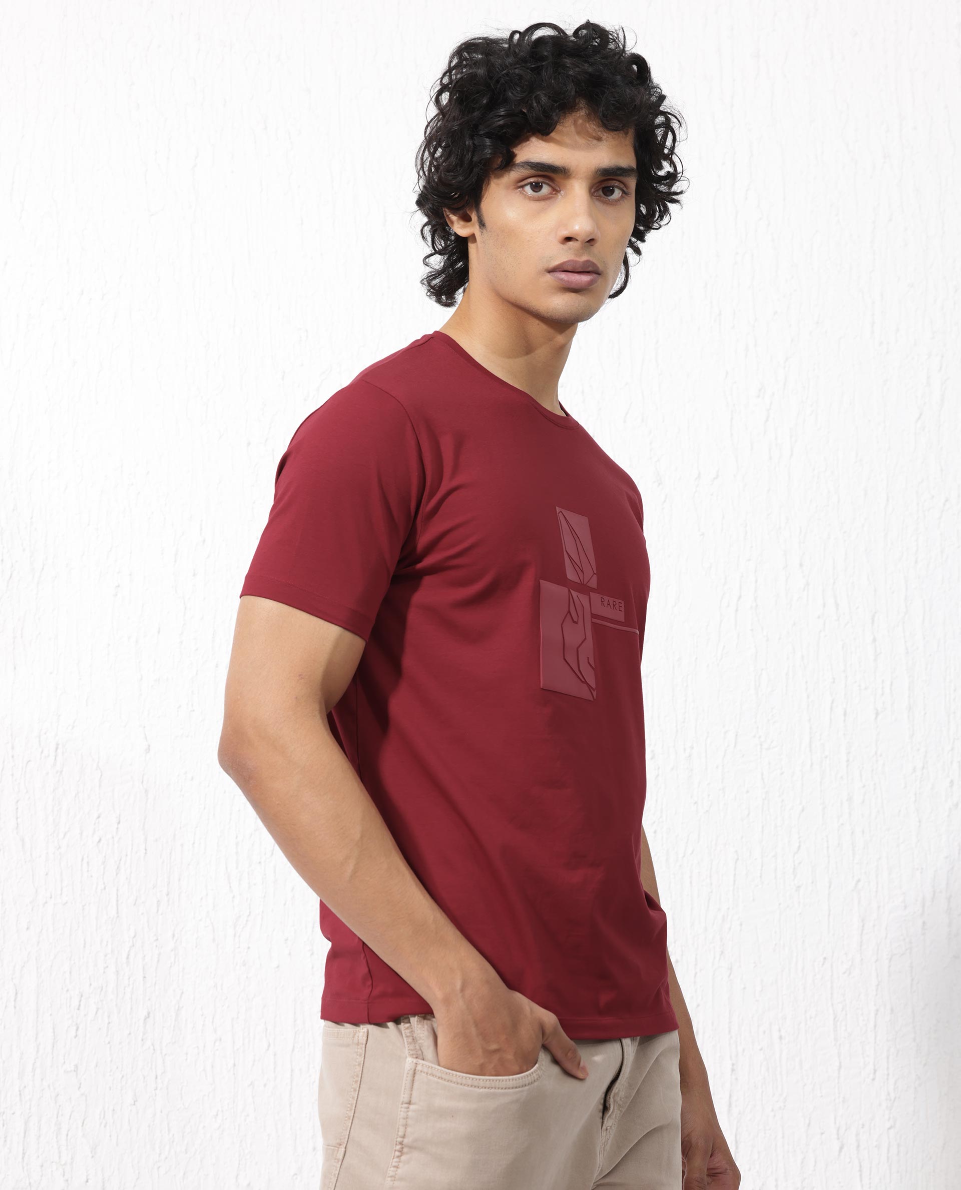 Rare Rabbit Mens Feine Red Cotton Lycra Fabric Short Sleeve Regular Fit Graphic Logo Print T-Shirt