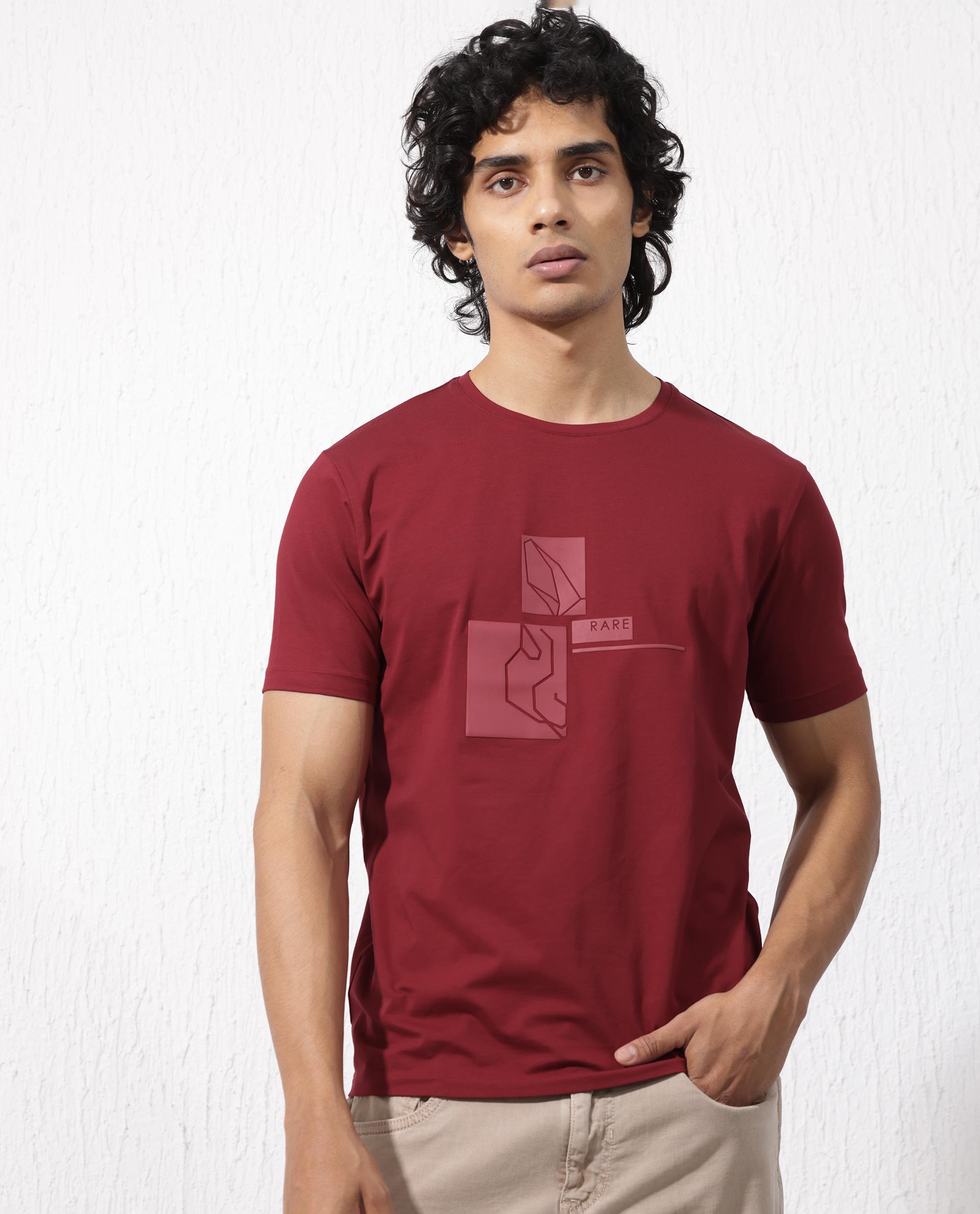 Rare Rabbit Mens Feine Red Cotton Lycra Fabric Short Sleeve Regular Fit Graphic Logo Print T-Shirt