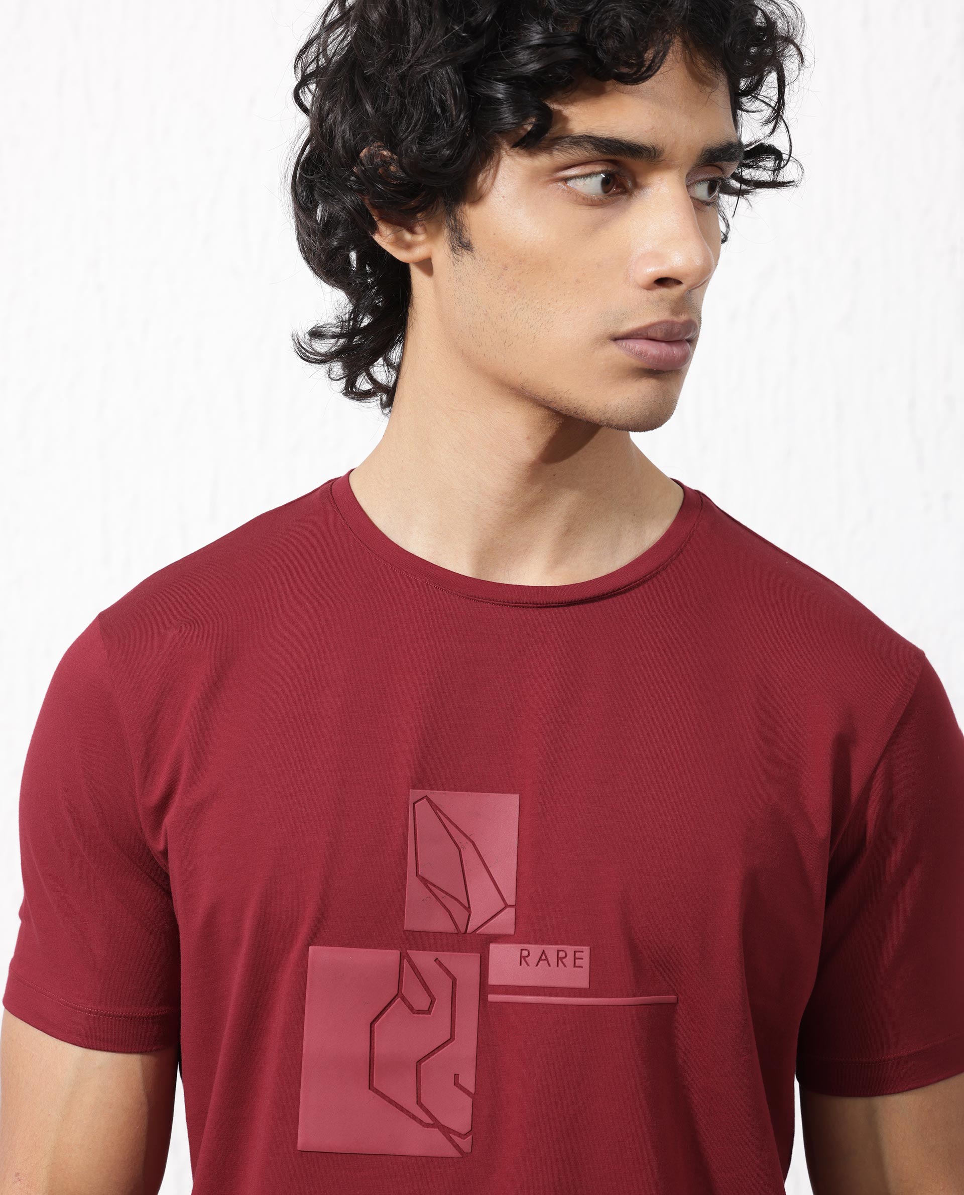 Rare Rabbit Mens Feine Red Cotton Lycra Fabric Short Sleeve Regular Fit Graphic Logo Print T-Shirt