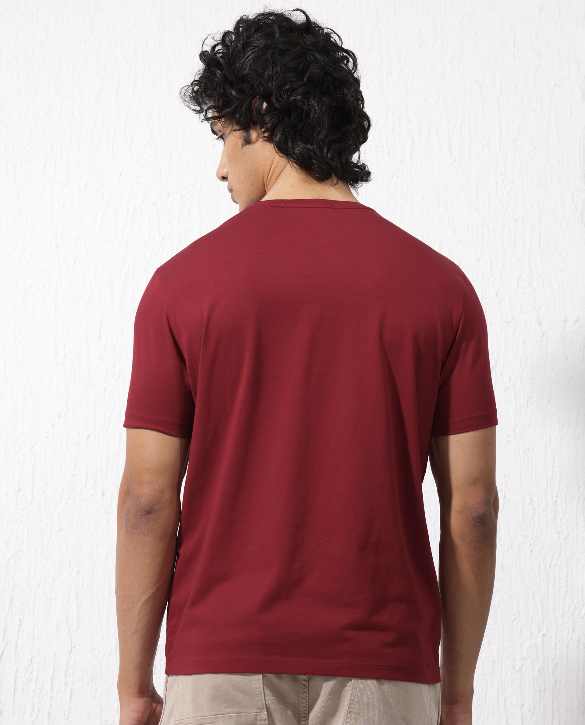 Rare Rabbit Mens Feine Red Cotton Lycra Fabric Short Sleeve Regular Fit Graphic Logo Print T-Shirt