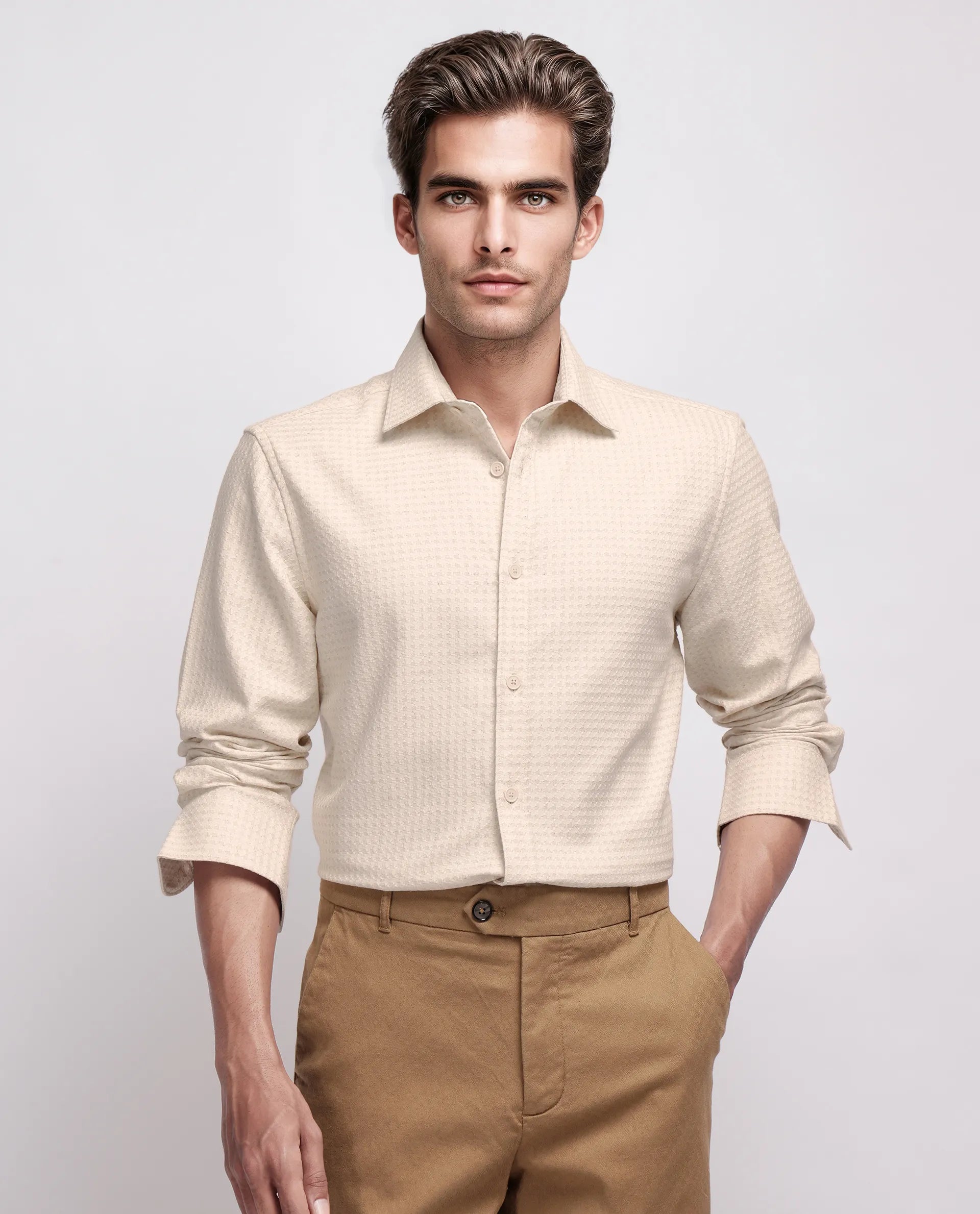 Rare Rabbit Men's Fei Ls Beige Cotton Textured Regular Fit Full Sleeve Collared Shirt