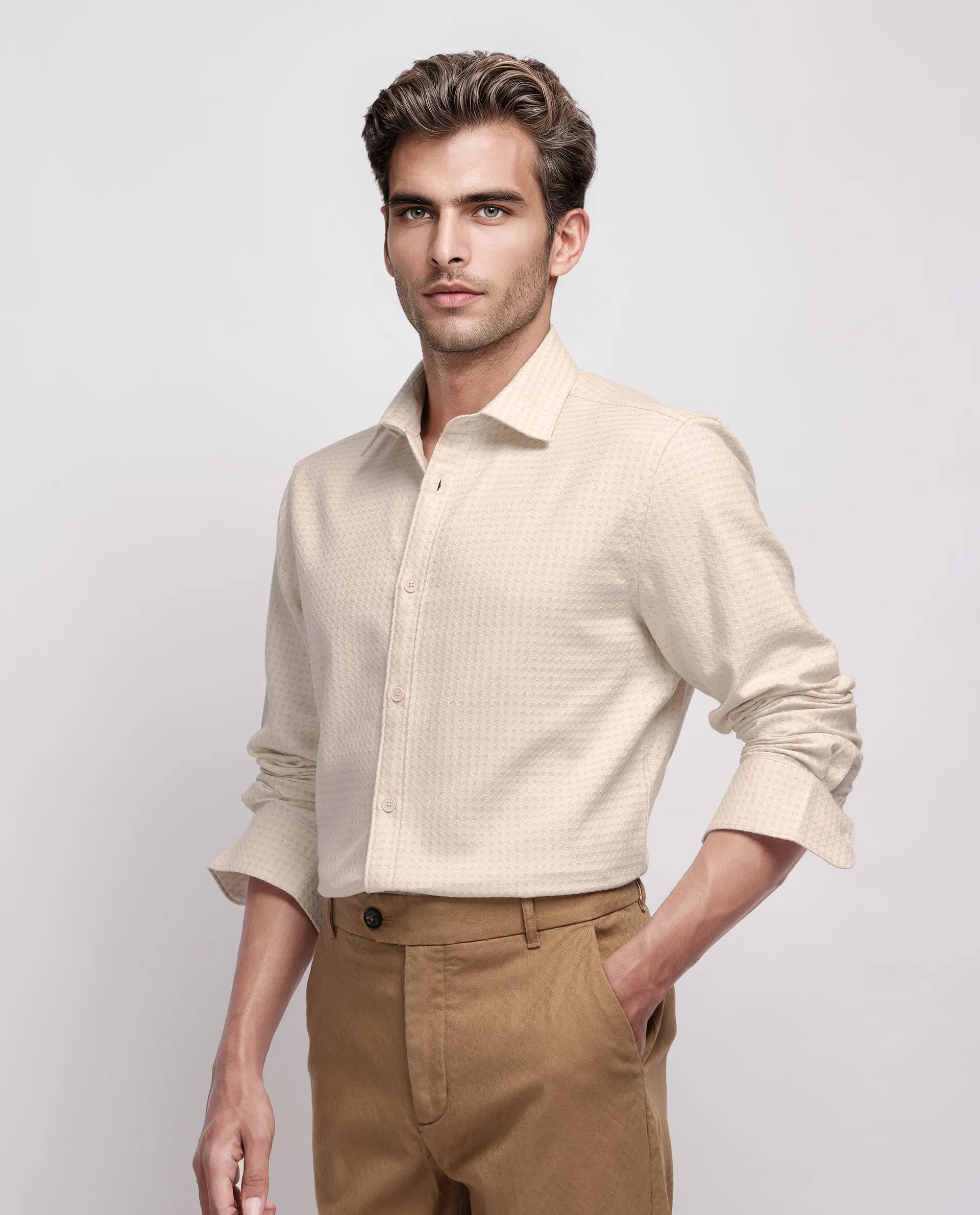 Rare Rabbit Men's Fei Ls Beige Cotton Textured Regular Fit Full Sleeve Collared Shirt