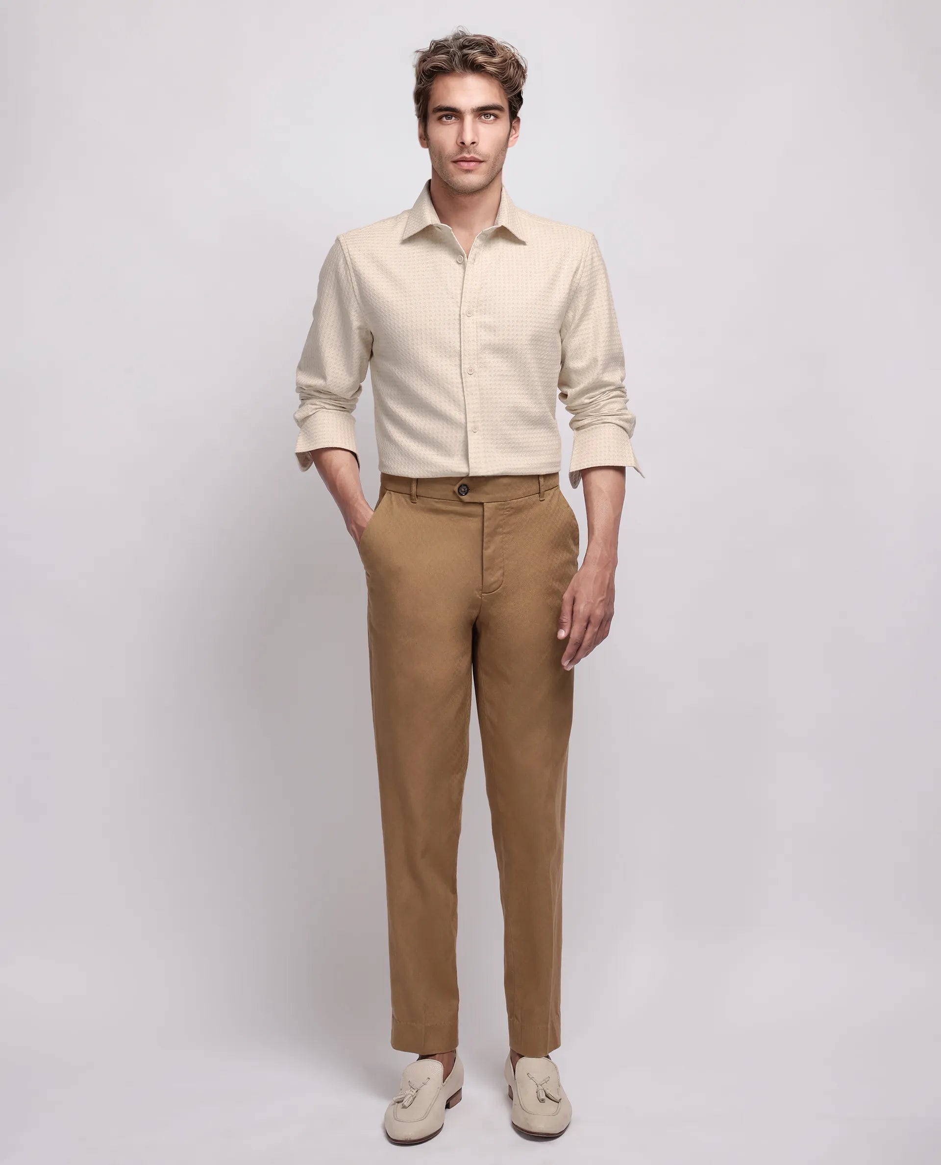 Rare Rabbit Men's Fei Ls Beige Cotton Textured Regular Fit Full Sleeve Collared Shirt