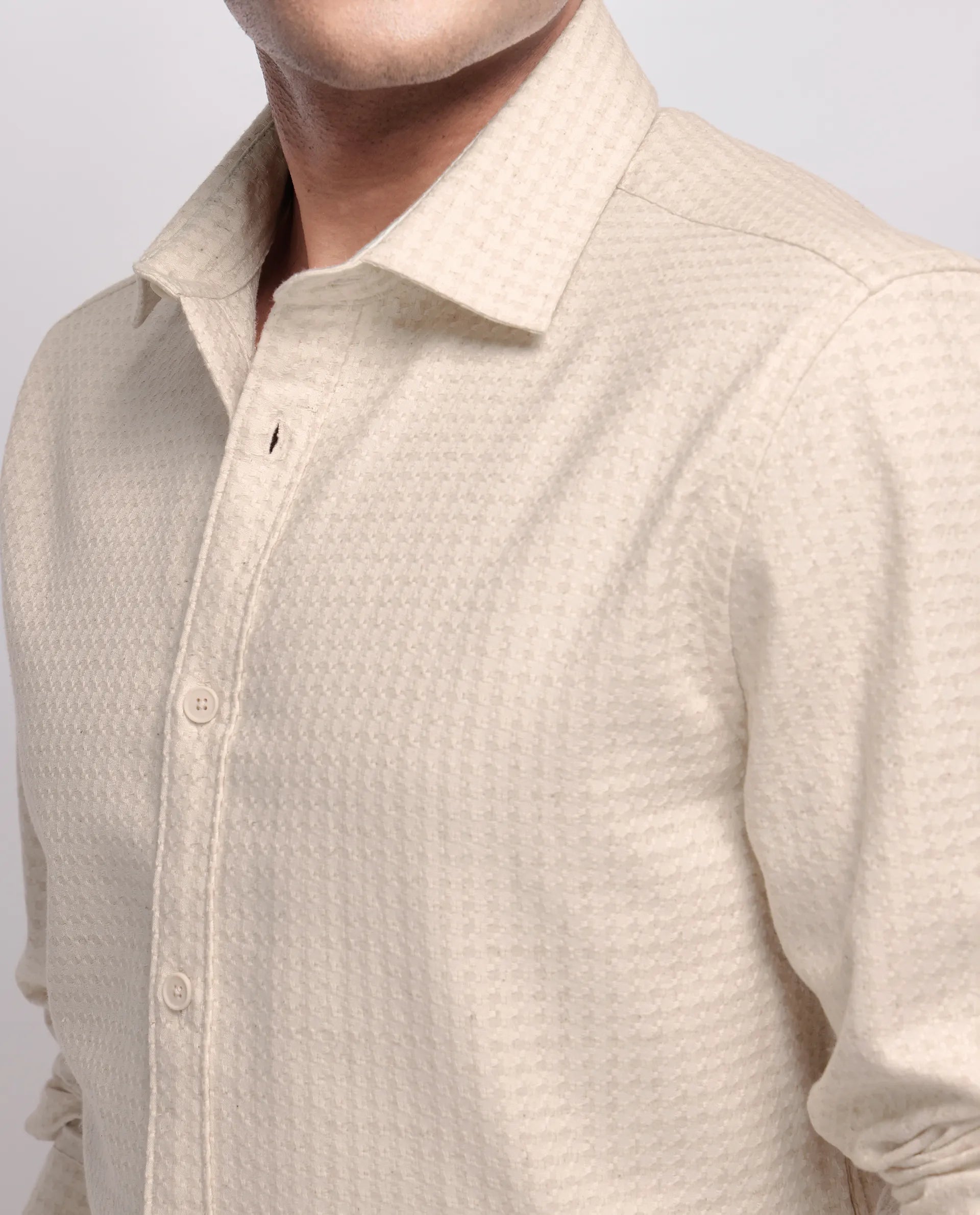 Rare Rabbit Men's Fei Ls Beige Cotton Textured Regular Fit Full Sleeve Collared Shirt