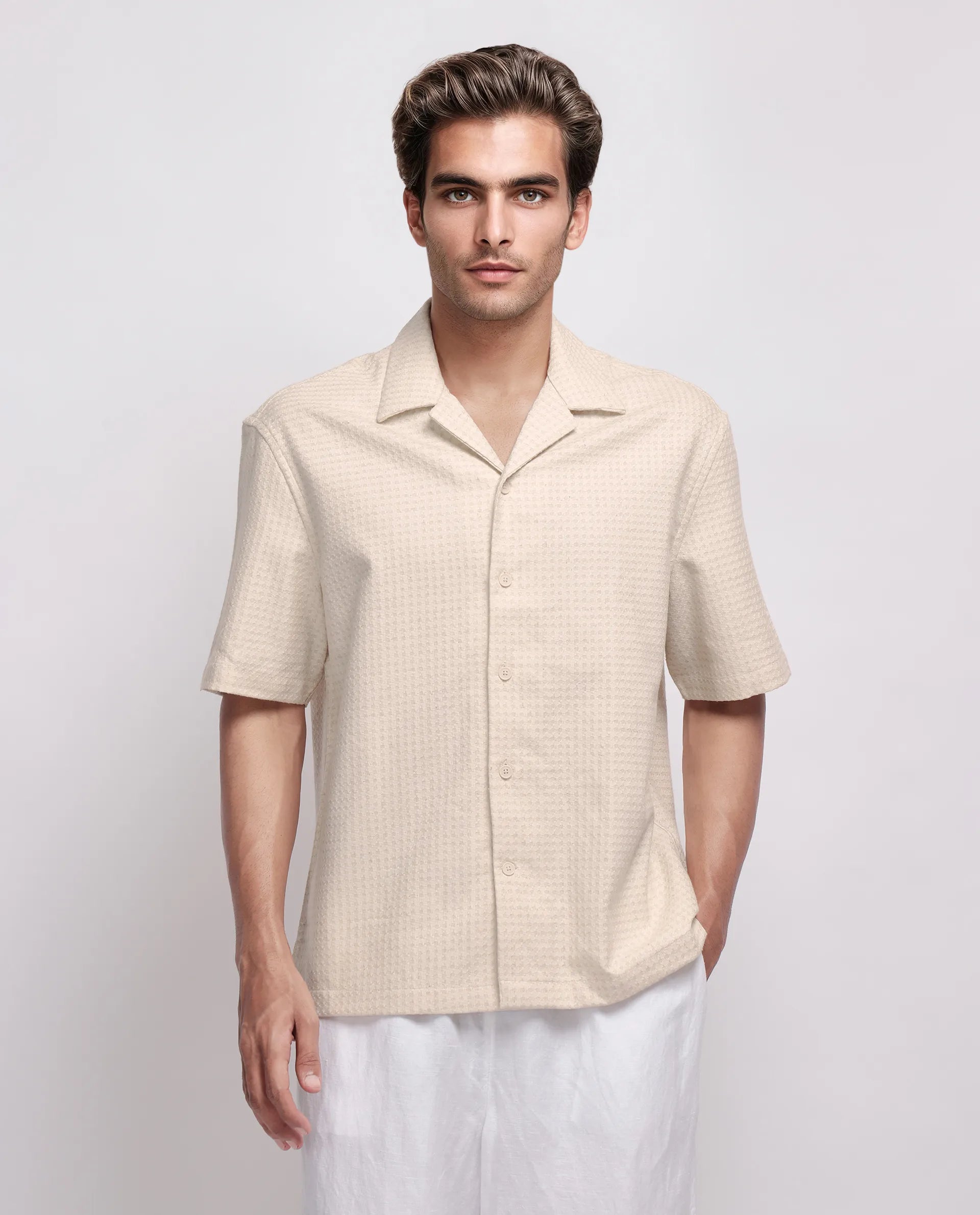 Rare Rabbit Men's Fei Ss Beige Cotton Textured Boxy Fit Half Sleeve Cuban Collar Shirt