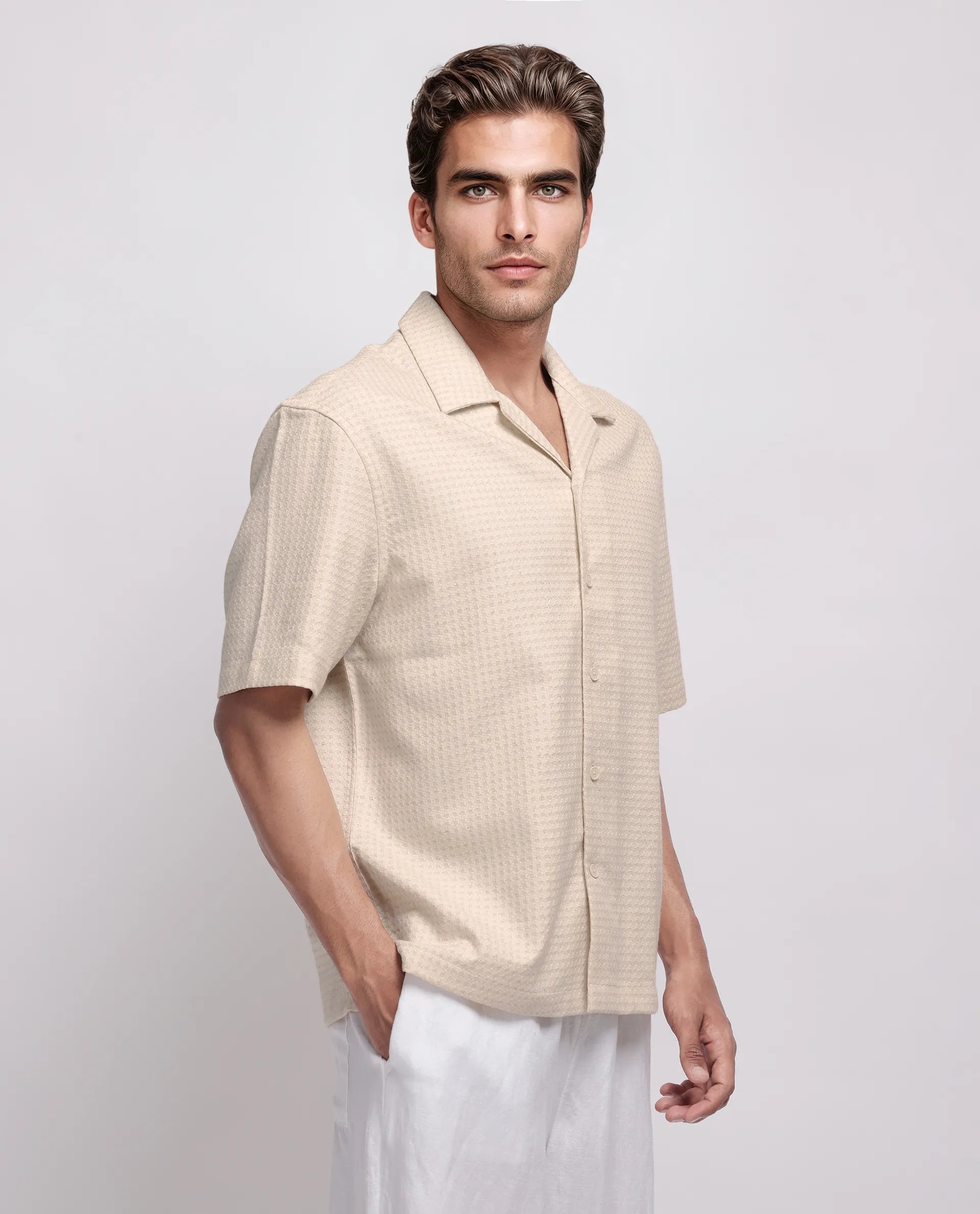 Rare Rabbit Men's Fei Ss Beige Cotton Textured Boxy Fit Half Sleeve Cuban Collar Shirt