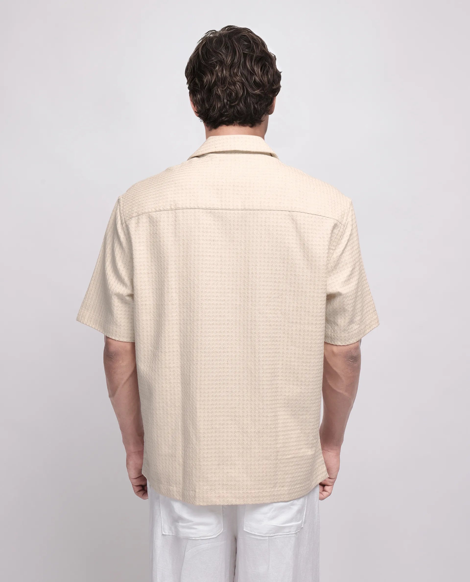 Rare Rabbit Men's Fei Ss Beige Cotton Textured Boxy Fit Half Sleeve Cuban Collar Shirt