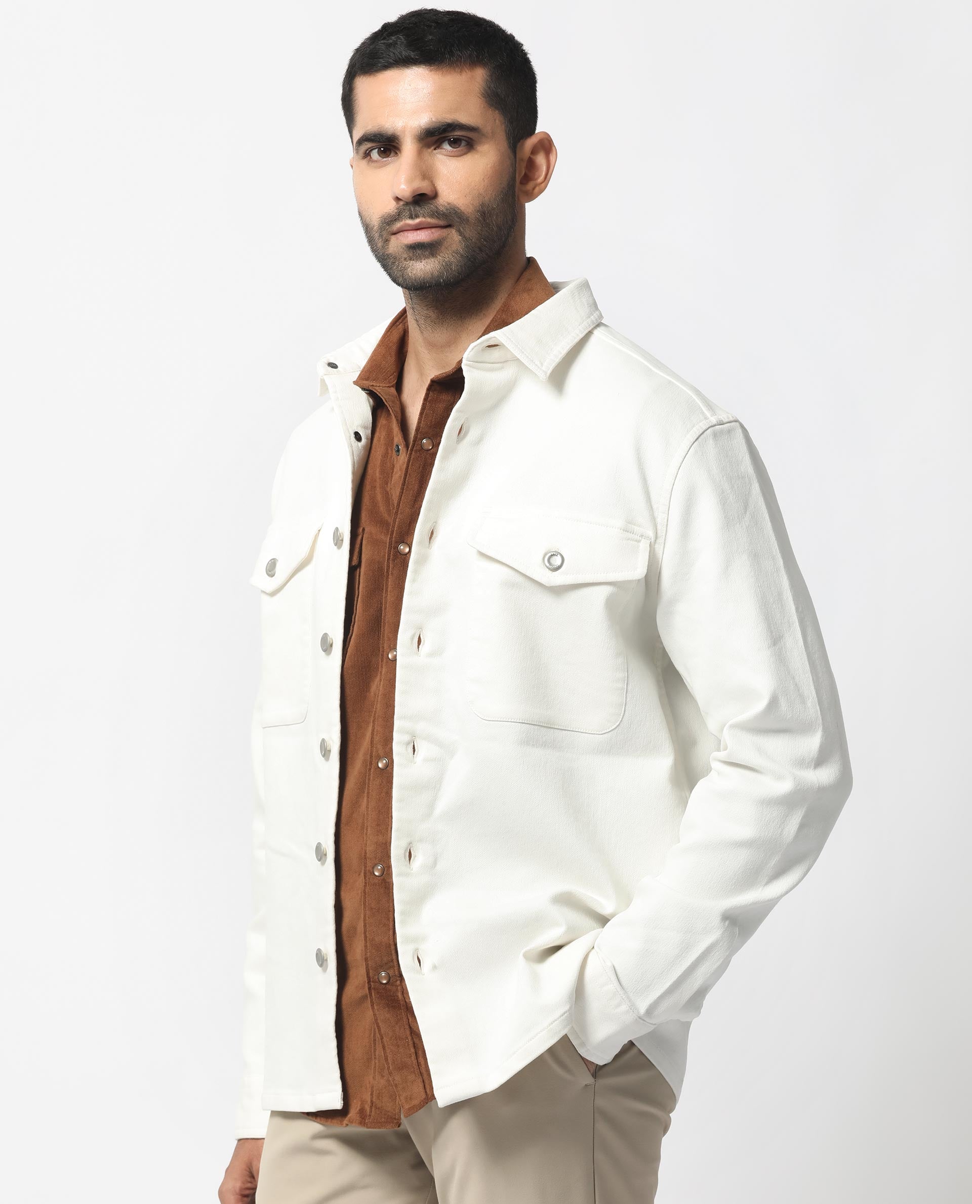 Rare Rabbit Men's Feld White Cotton Polyester Fabric Full Sleeves Button Closure Solid Twill Shacket