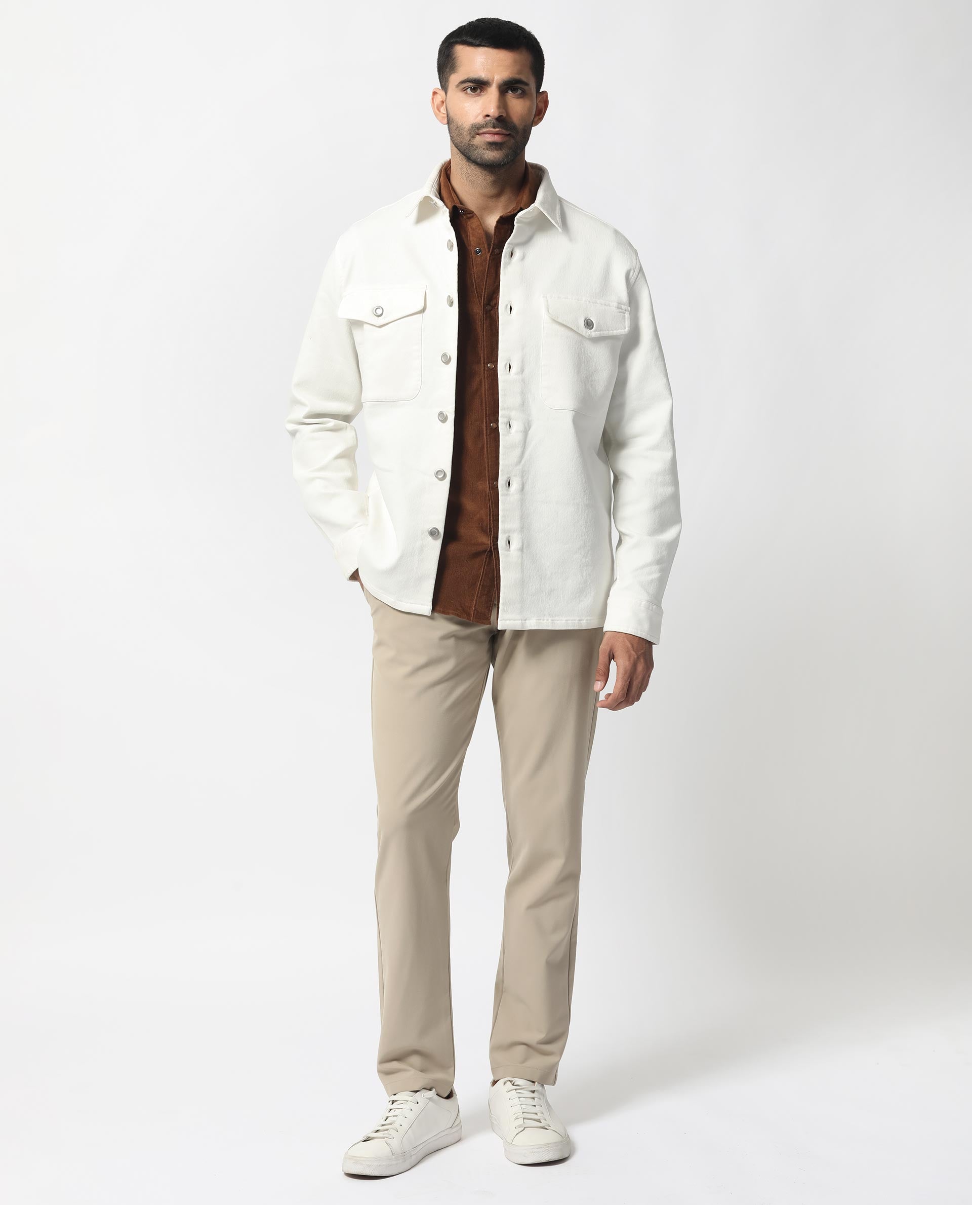 Rare Rabbit Men's Feld White Cotton Polyester Fabric Full Sleeves Button Closure Solid Twill Shacket