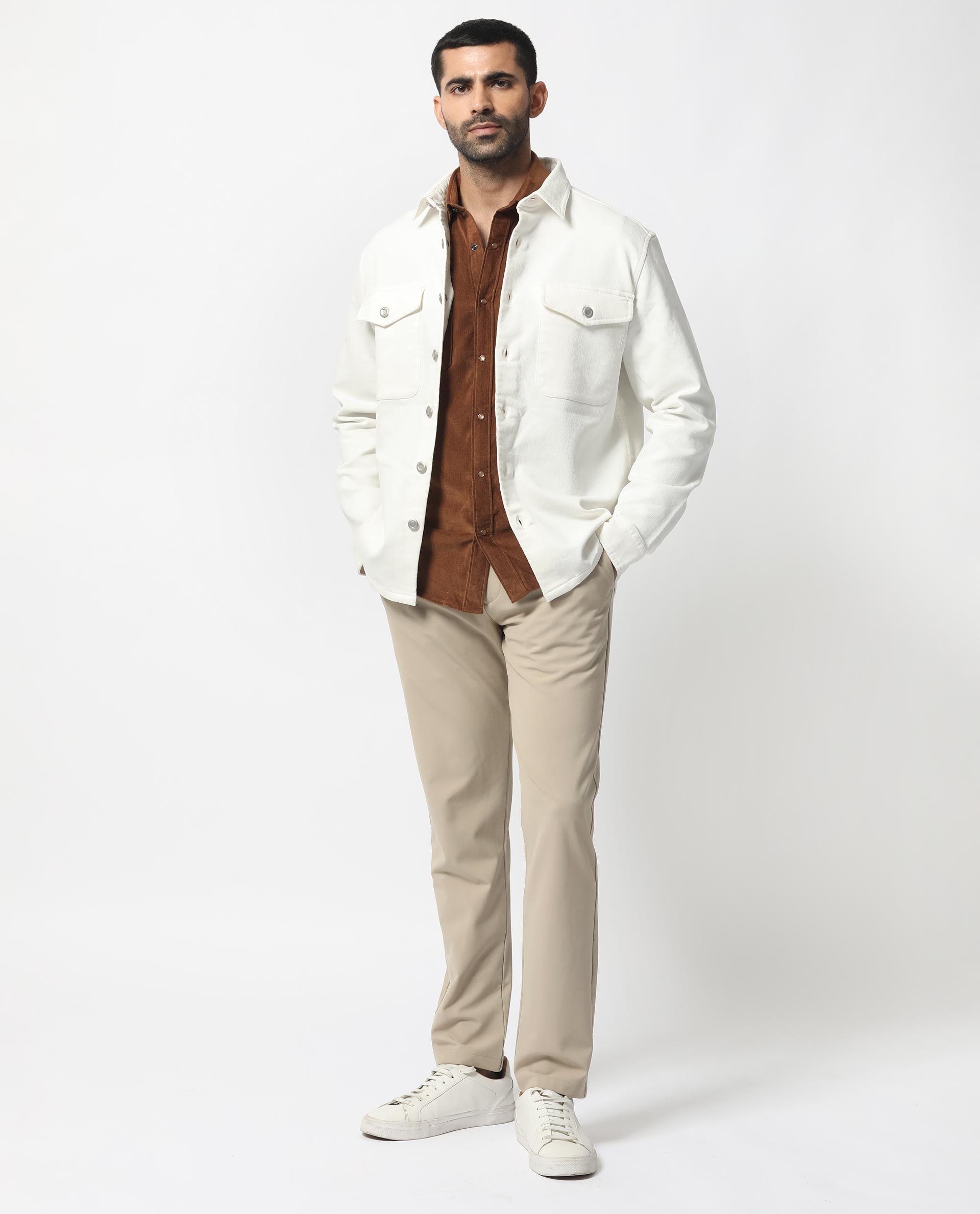 Rare Rabbit Men's Feld White Cotton Polyester Fabric Full Sleeves Button Closure Solid Twill Shacket