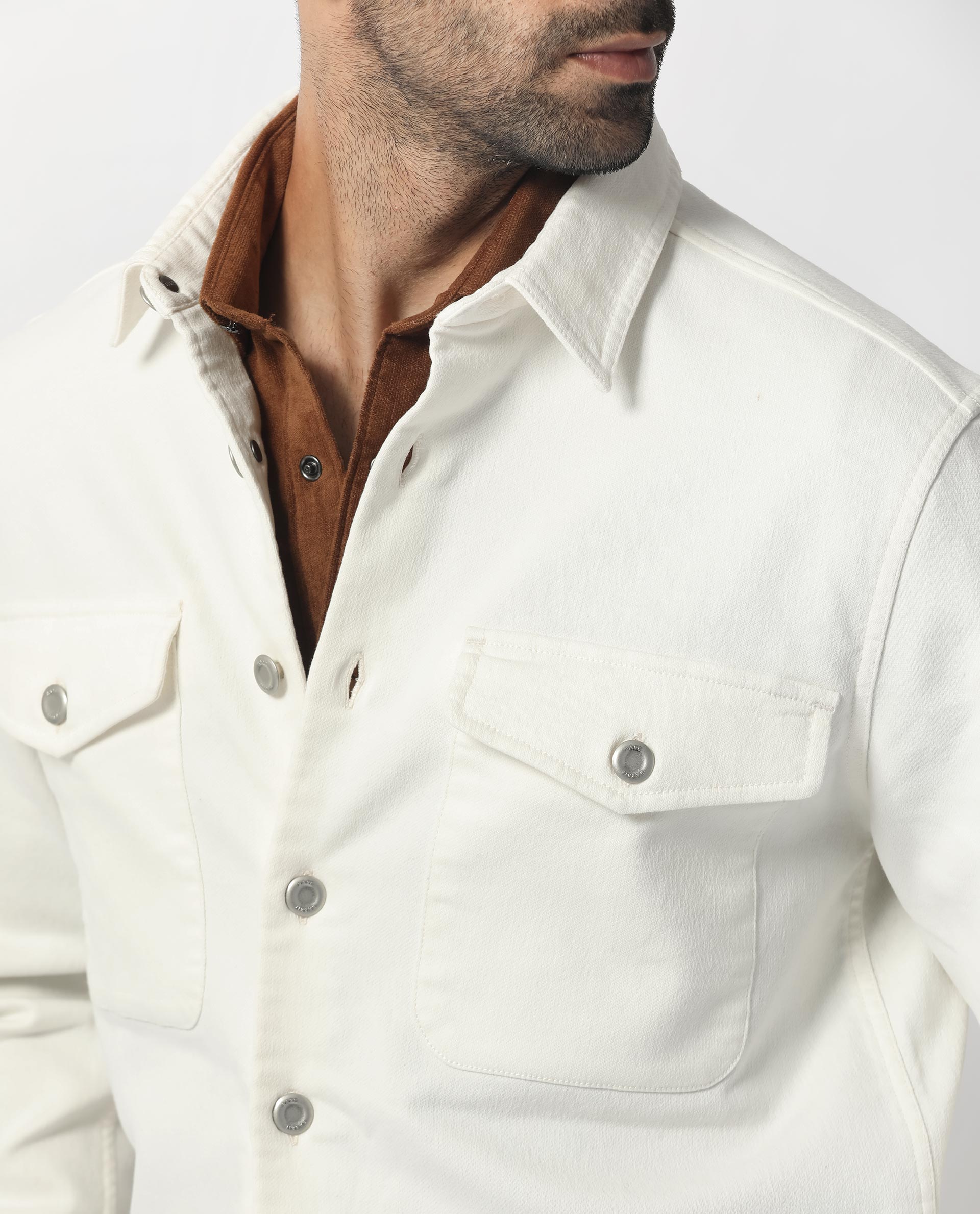 Rare Rabbit Men's Feld White Cotton Polyester Fabric Full Sleeves Button Closure Solid Twill Shacket