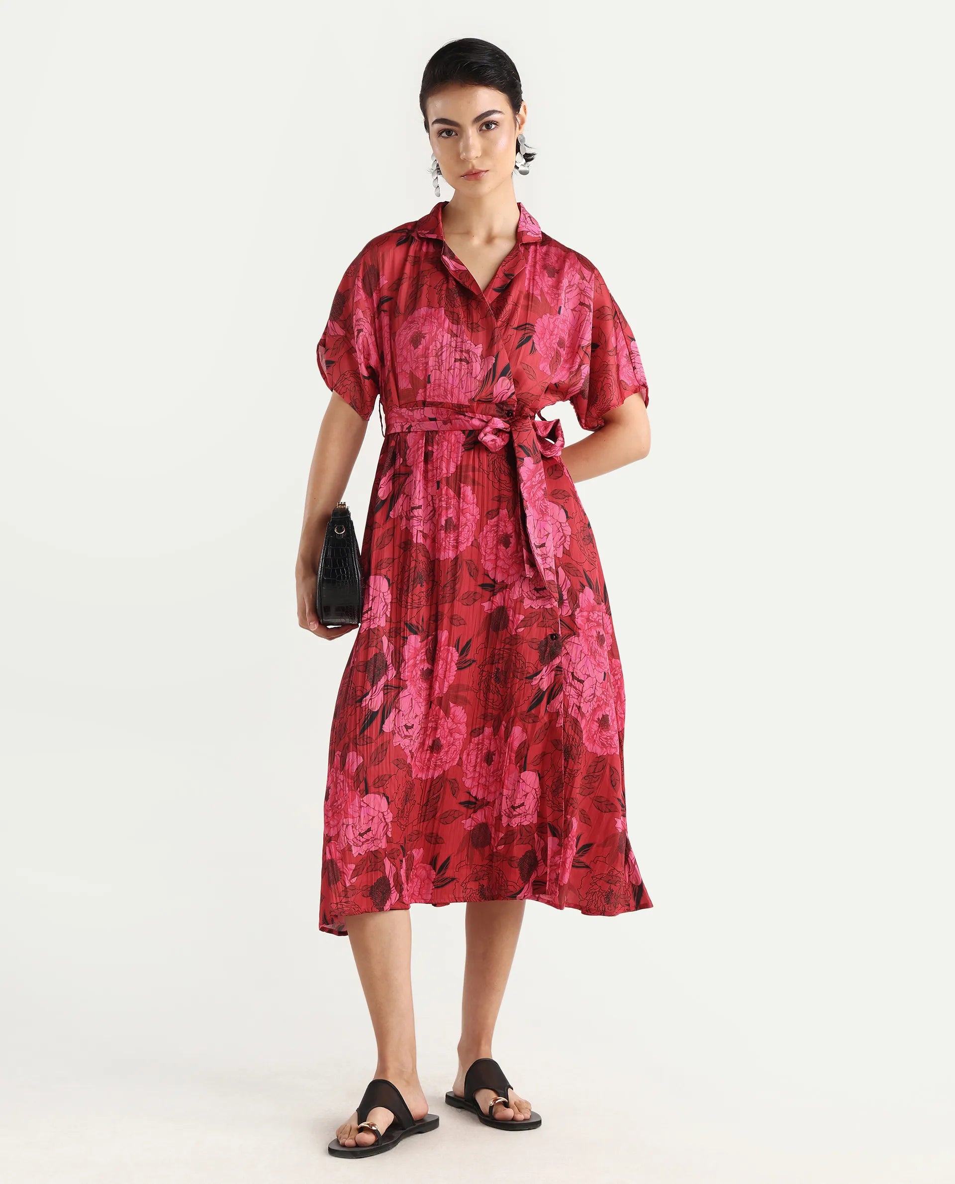 Rareism Women's Felik Red Polyester Lapel Neck Floral Print Extended Sleeves Midi Fit And Flare Dress