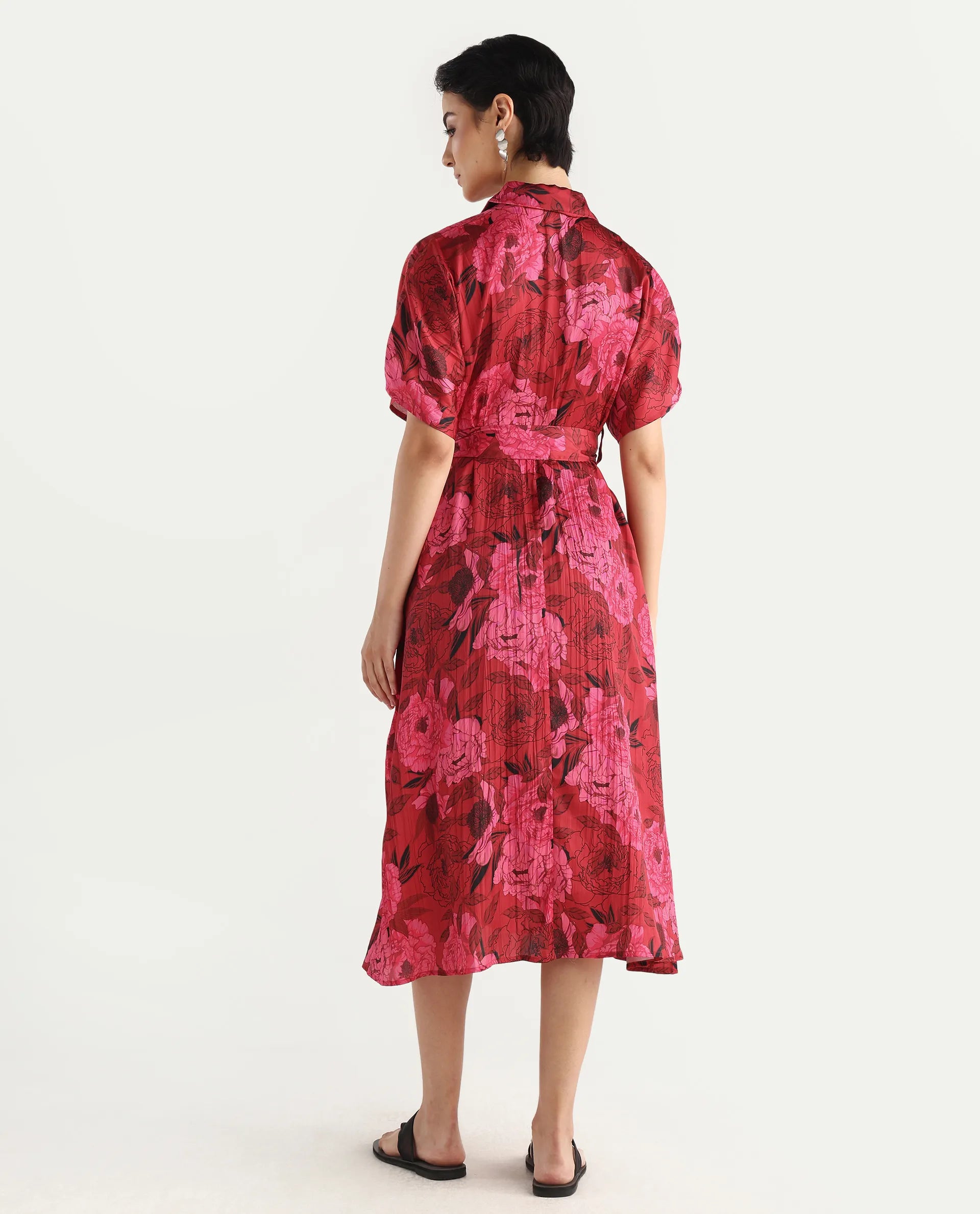 Rareism Women's Felik Red Polyester Lapel Neck Floral Print Extended Sleeves Midi Fit And Flare Dress