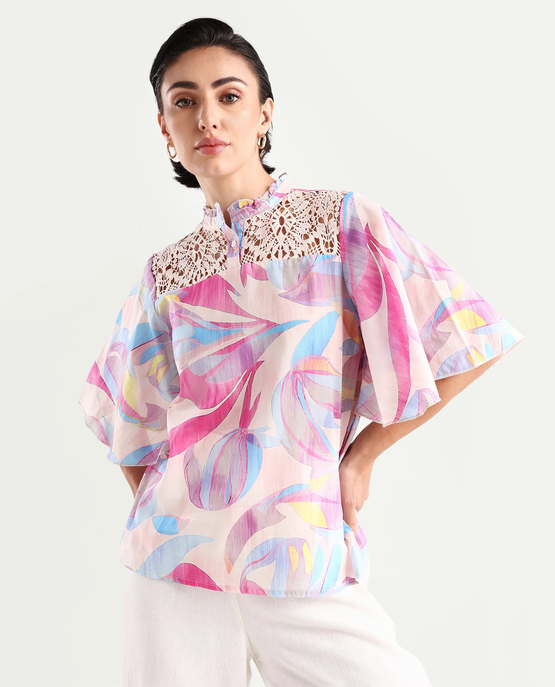 Rareism Women's Feli Pink Cotton Sweetheart Neck Abstract Print Ruffled Sleeve Regular Fit Top