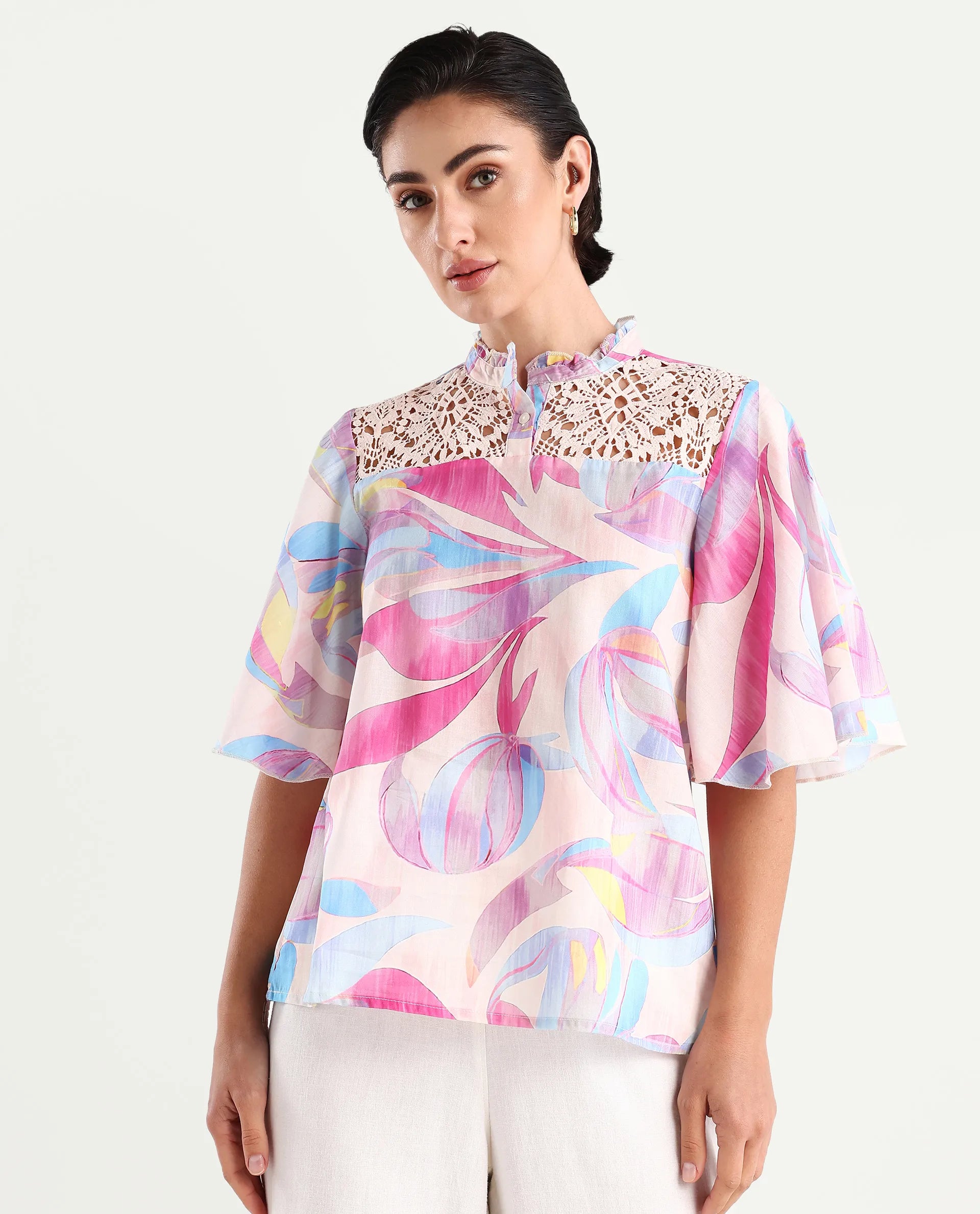 Rareism Women's Feli Pink Cotton Sweetheart Neck Abstract Print Ruffled Sleeve Regular Fit Top