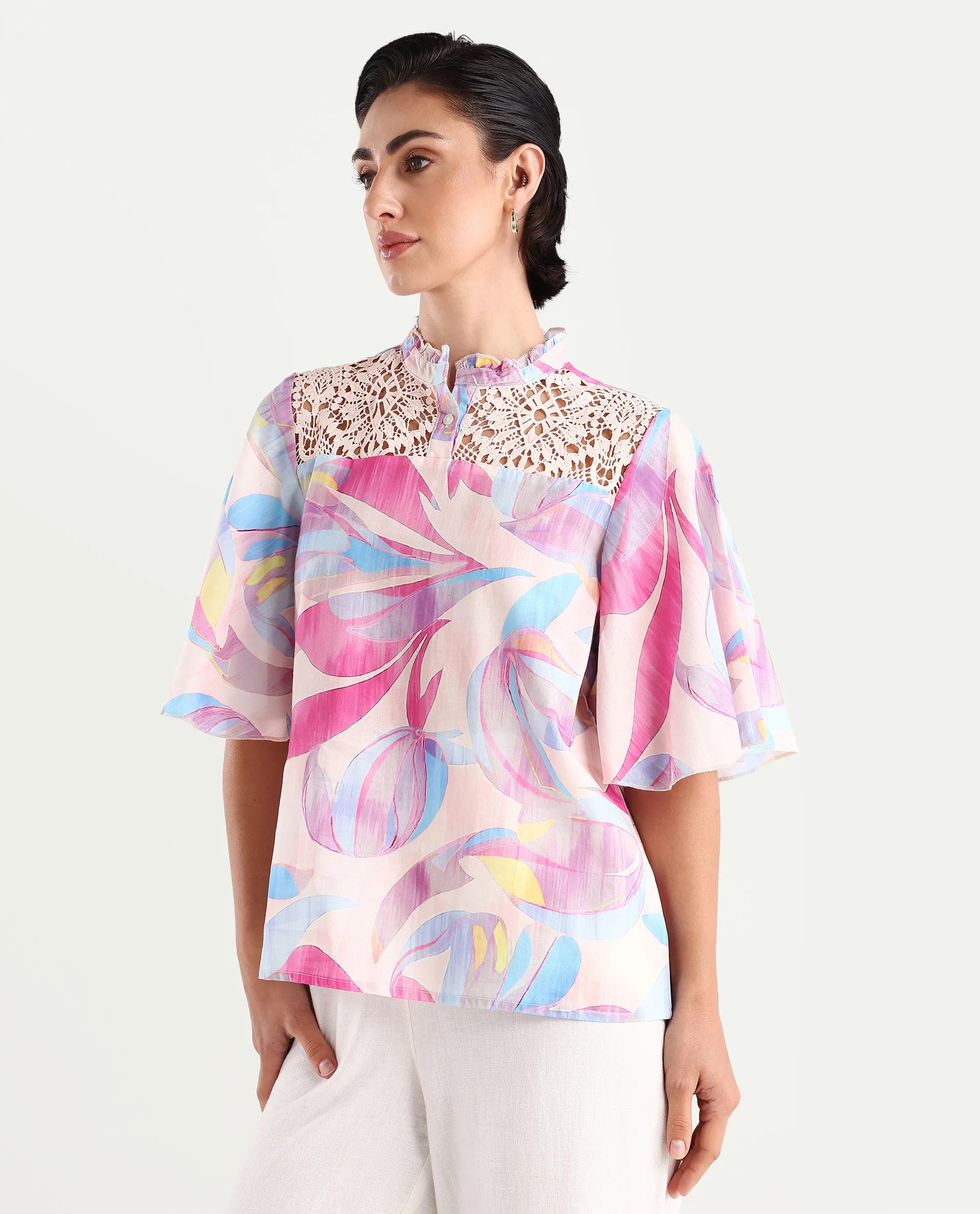 Rareism Women's Feli Pink Cotton Sweetheart Neck Abstract Print Ruffled Sleeve Regular Fit Top