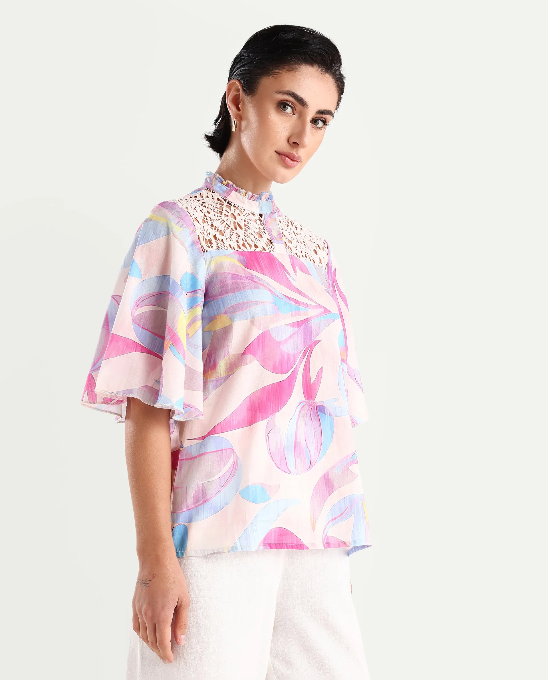 Rareism Women's Feli Pink Cotton Sweetheart Neck Abstract Print Ruffled Sleeve Regular Fit Top