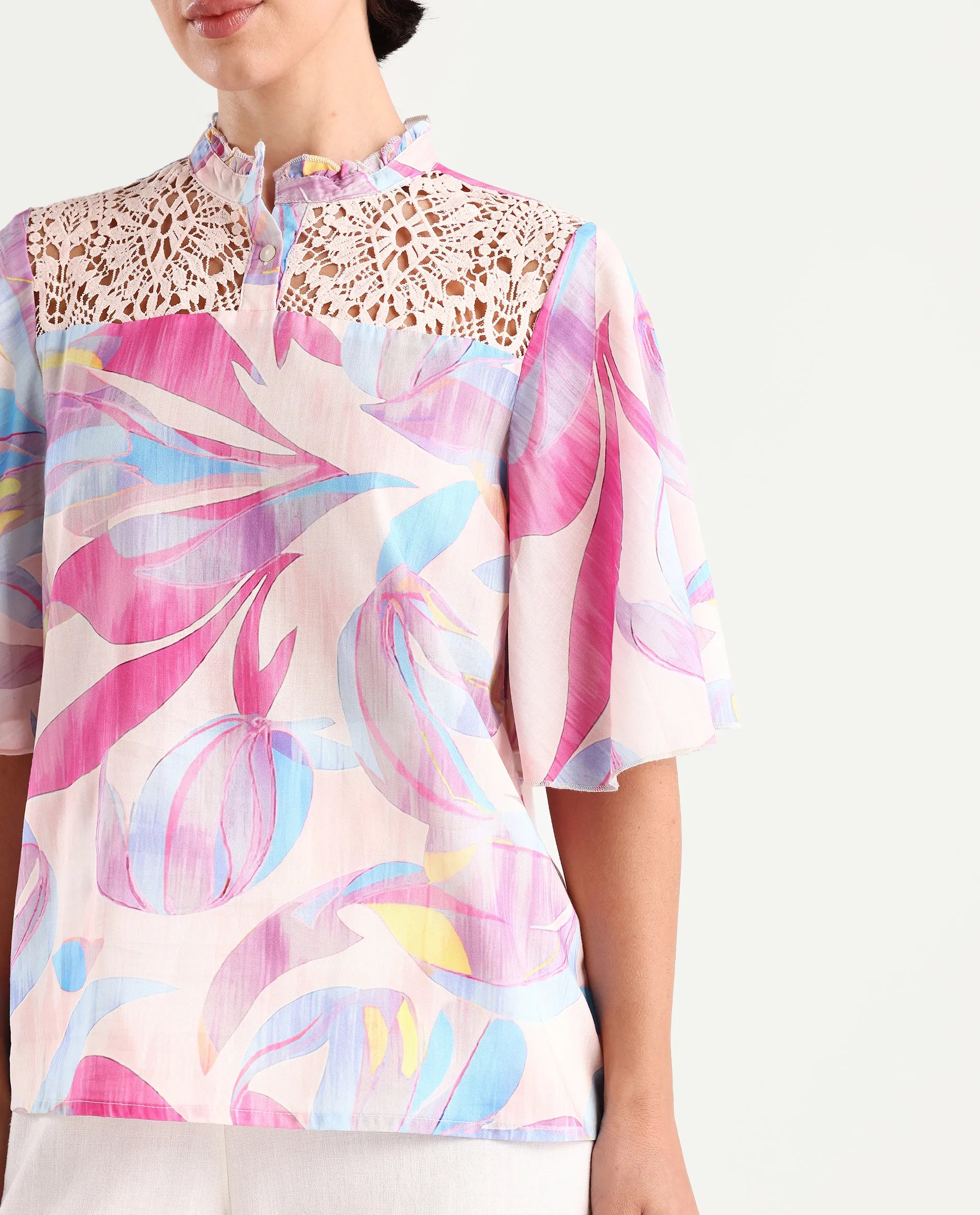 Rareism Women's Feli Pink Cotton Sweetheart Neck Abstract Print Ruffled Sleeve Regular Fit Top