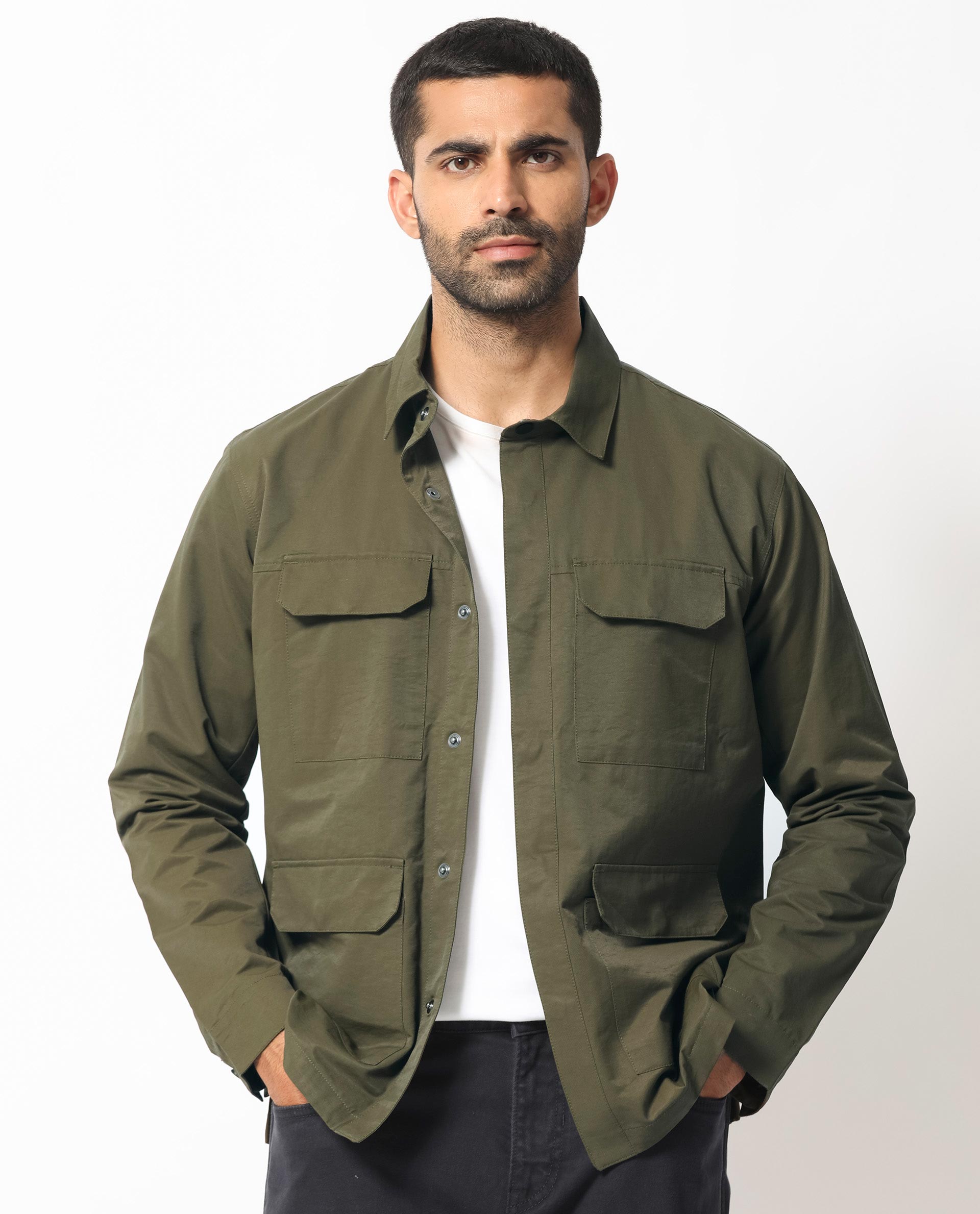Rare Rabbit Men's Green Plain Utility Multi Pocket Jacket