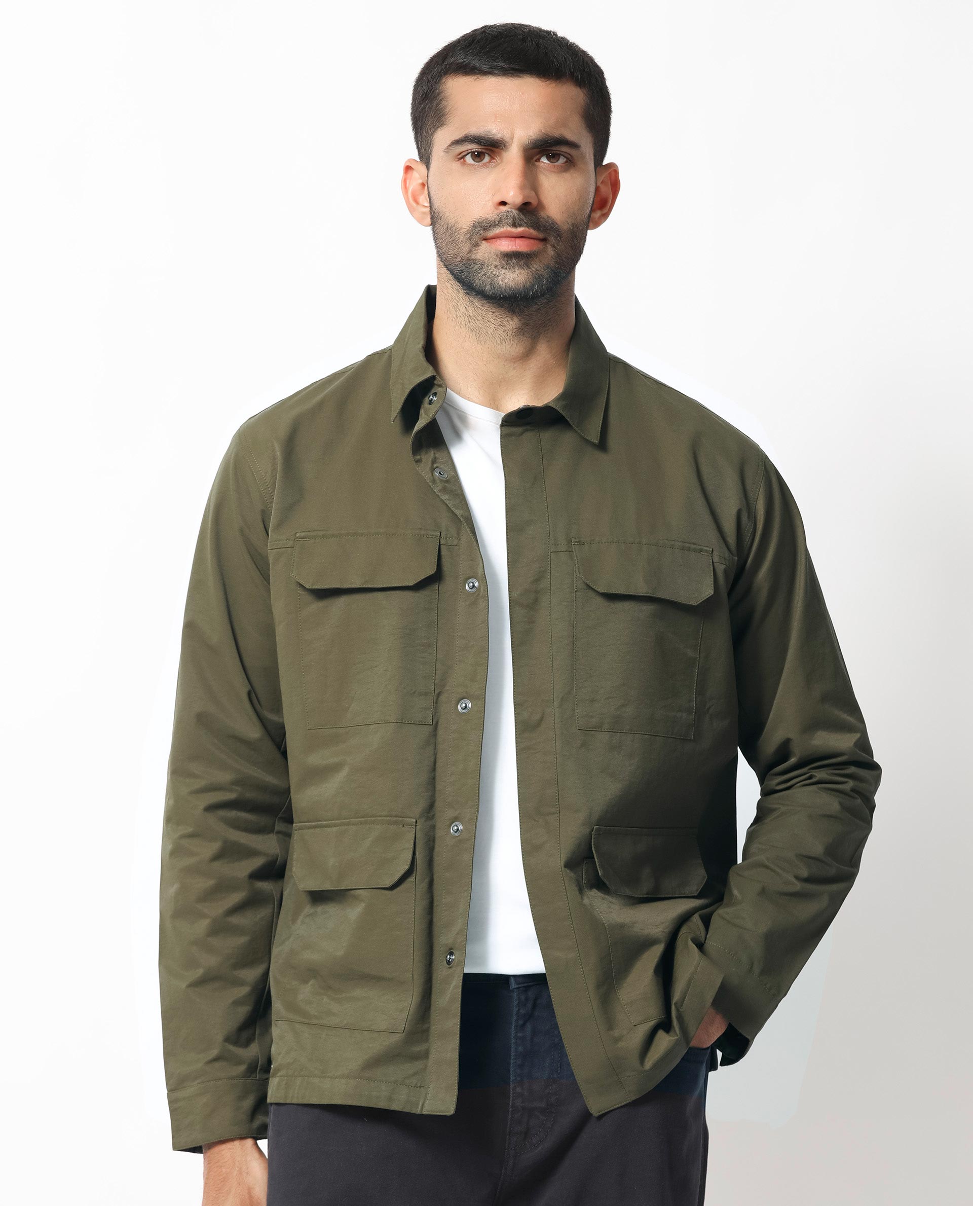 Rare Rabbit Men's Green Plain Utility Multi Pocket Jacket