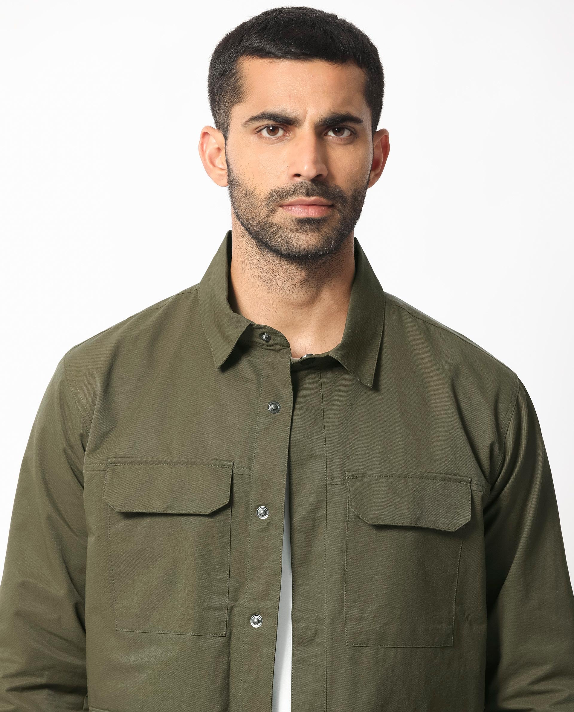 Rare Rabbit Men's Green Plain Utility Multi Pocket Jacket