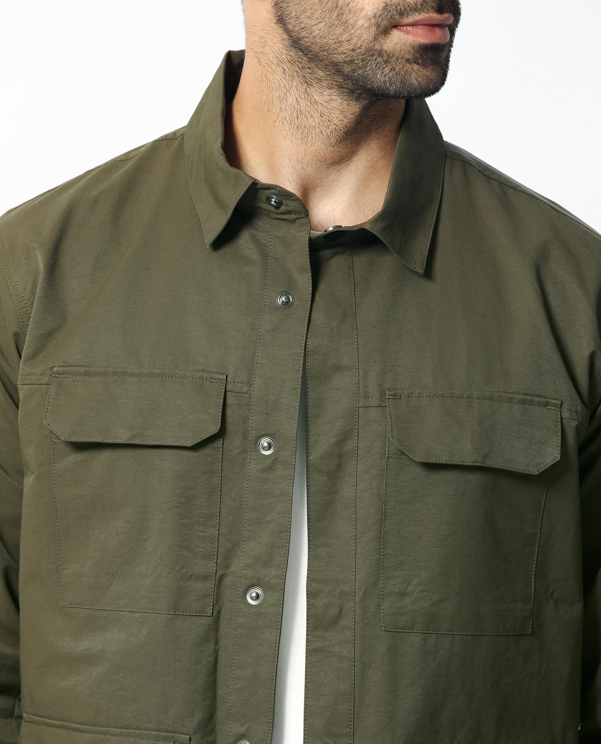 Rare Rabbit Men's Green Plain Utility Multi Pocket Jacket