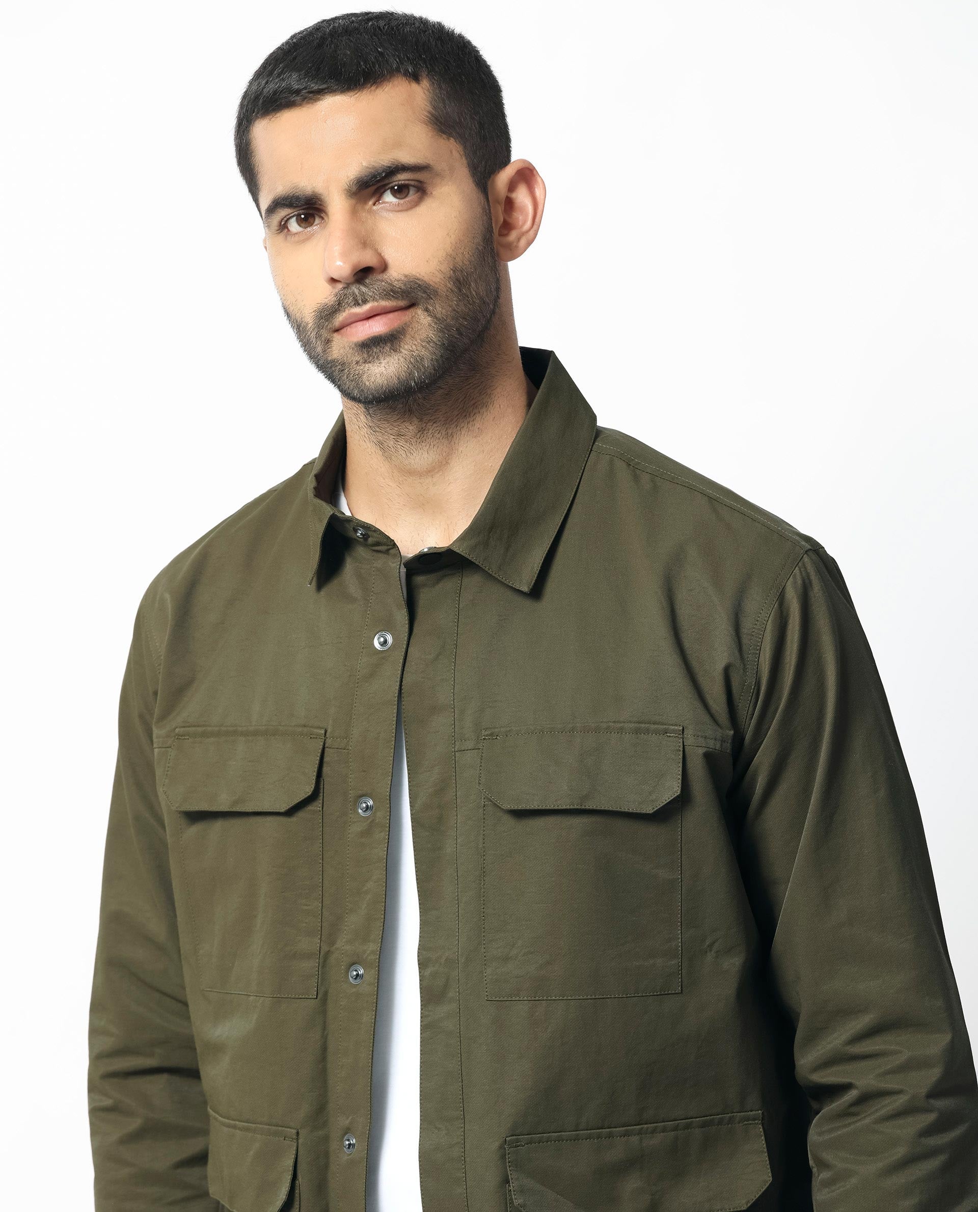 Rare Rabbit Men's Green Plain Utility Multi Pocket Jacket