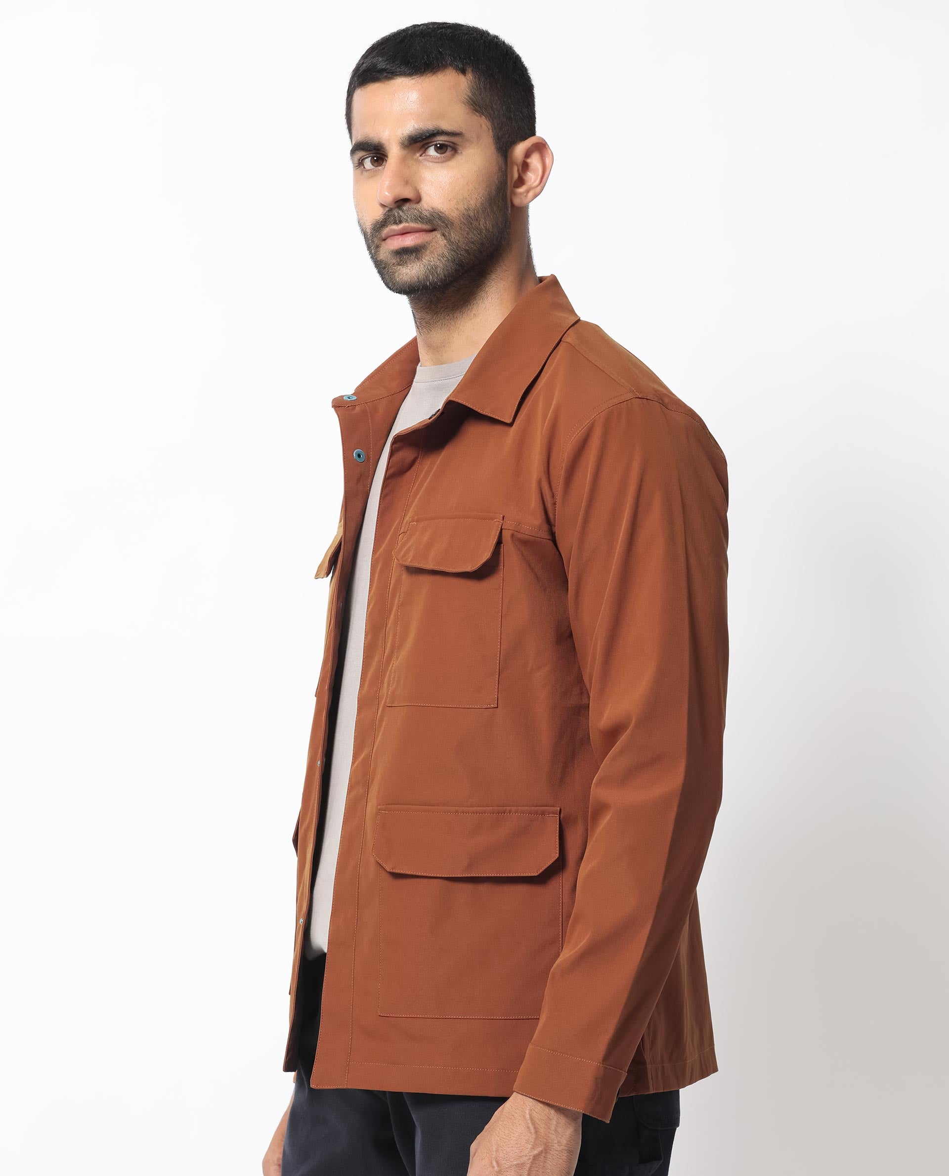 Rare Rabbit Men's Feliu Rust Plain Multi Pocket Utility Jacket