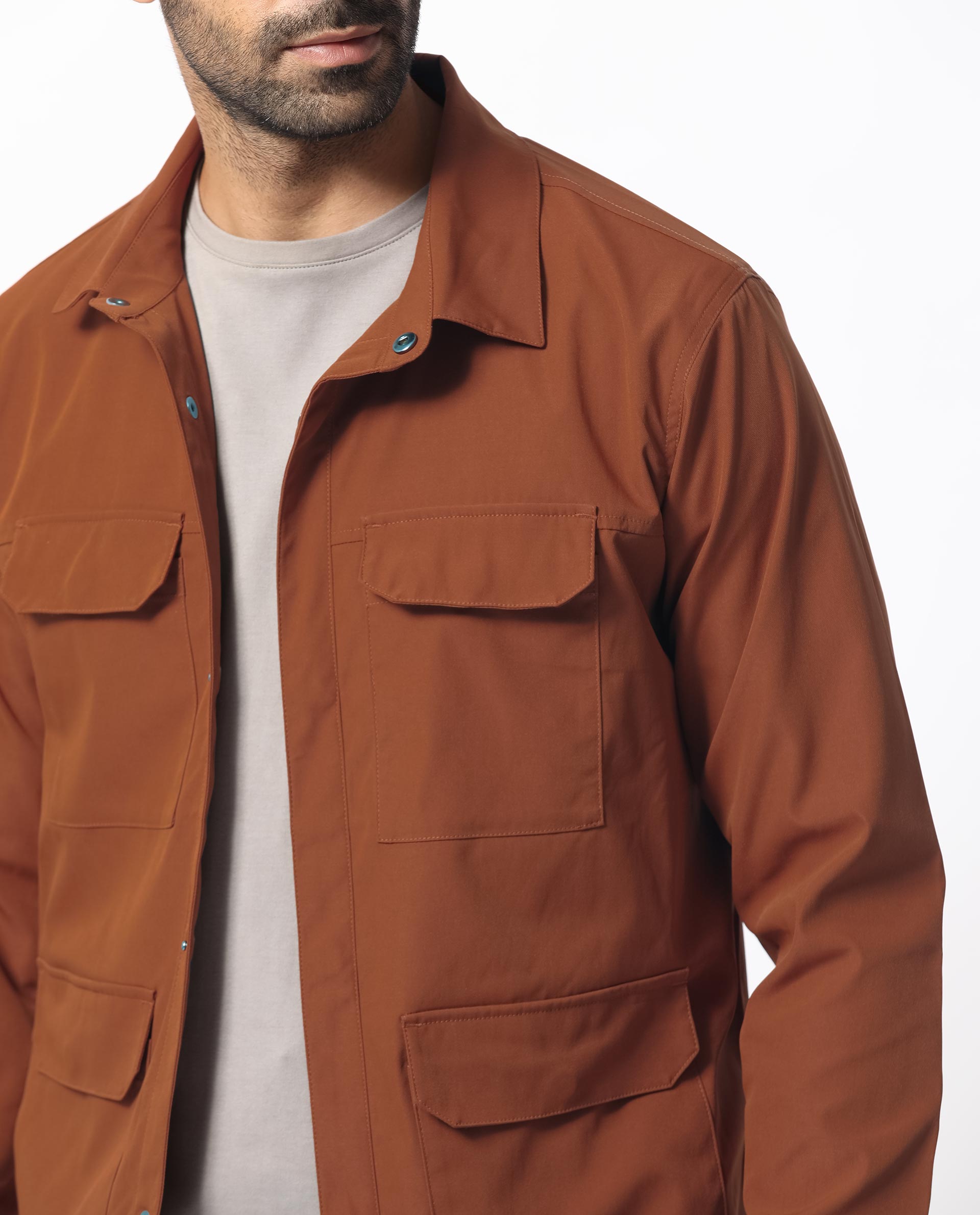 Rare Rabbit Men's Feliu Rust Plain Multi Pocket Utility Jacket