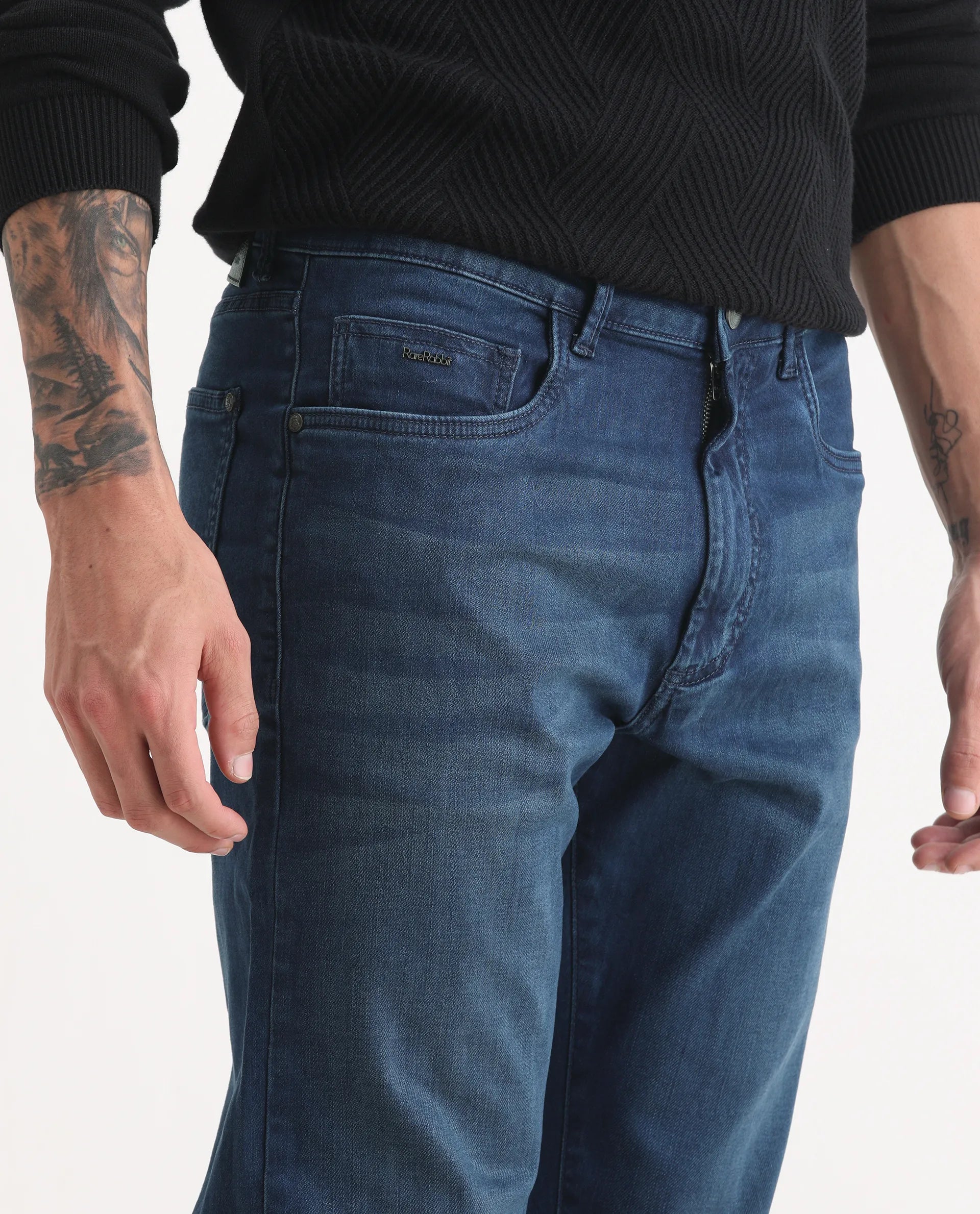 Rare Rabbit Men's Felix-M Dark Blue Cotton Blend Fabric Morris Regular Fit Plain Jeans