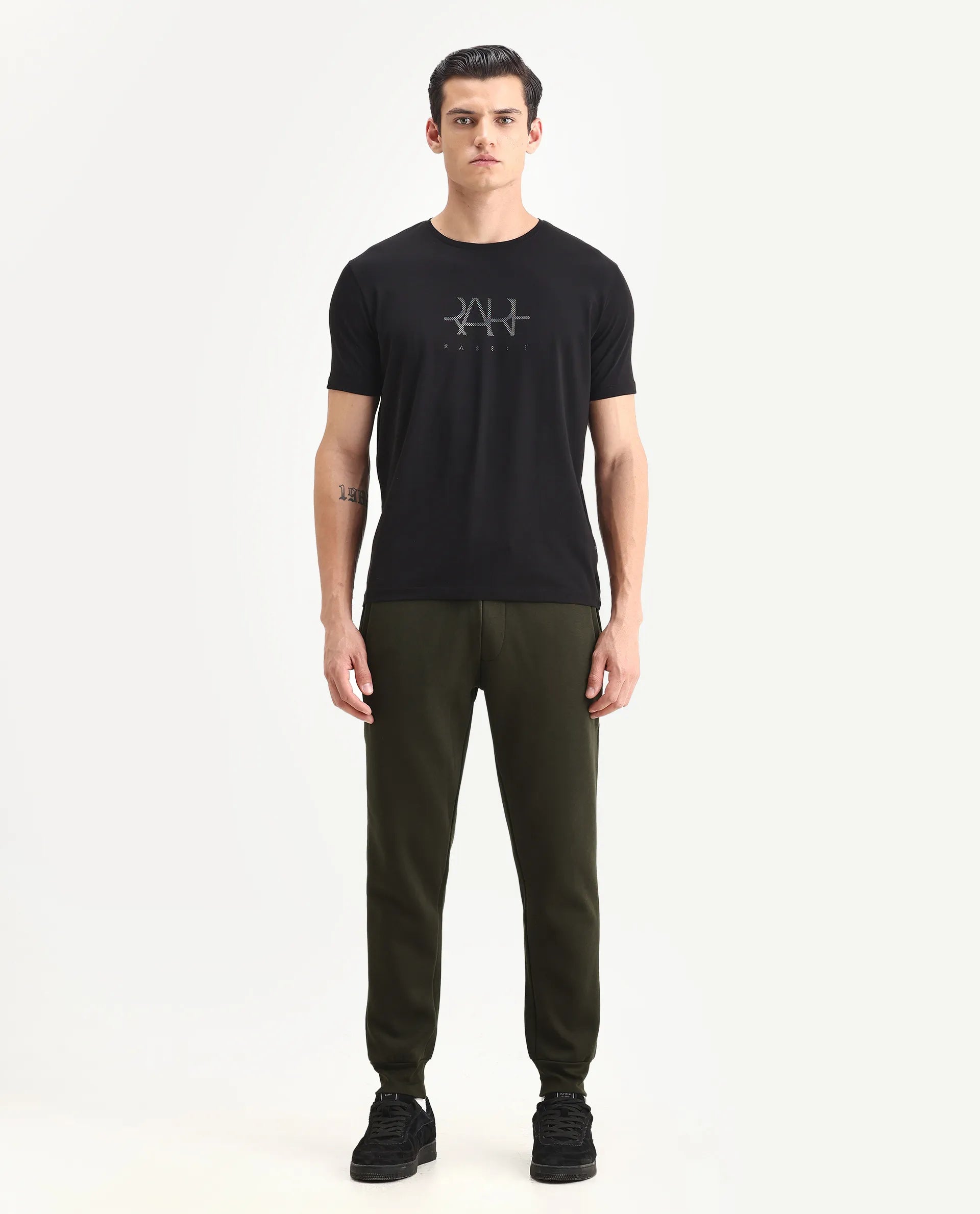 Rare Rabbit Men's Fenit Olive Cotton Plain Regular Fit Track Pant